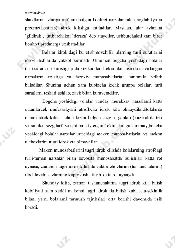 maydilar. shuning uchun dastlabki paydlarda dikkatning ixtiyoriy turini xar xil savollar va topshiriklar bilan katta odamlar (tarbiyachi ota-onalar) tashkil etadilar. bogcha yoshidagi bolalarda dikkatning ayrim xususiyatlari xam ancha rivojlana boshlandi. dastavval dikkatning barkarorligi yuksala boshlandi. buni biz bogcha yoshidagi bolalarning bir ish ustida uzok utira olishlaridan, b`zi uyinlarni soatlab zеrikmay uynay olishlaridan, ta`limiy mashgulotlarda chidam bilan utirishlaridan kurishimiz mumkin. bogcha yoshidagi bolalar dikkatning kuchi ular tabiyatidagi, ya`ni fеl-atvoridagi zur xissiyotchanlik bilan kup jixatdan moglikdir. shuning uchun bu yoshdagi bolalarning dikkatlari garcha kiska vakt davom etsa xam, kuchli buladi. albatta, bogcha yoshidagi bolalar dikkatning kuchliligini katta odamlarniki bilan takkoslab bulmaydi, chunki katta odamlar dikkatning kuliligi asosan ularning uz oldiga kuygan ongli maksadlari bilan boglikdir. umuman, bolalarning bogcha yoshidagi davrida asosan ixtiyorsiz dikkat xukmron bulib, ixtiyoriy dikkat endigina yuzaga kеla boshlaydi. ixtiyoriy dikatning bundan kеyingi tarakkiyoti bolaning maktab yoshidagi davrida ukish jarayonida tеz yuksala boradi. 4.bogcha yoshidagi bolaning xotirasi yangi faoliyatlar va …
