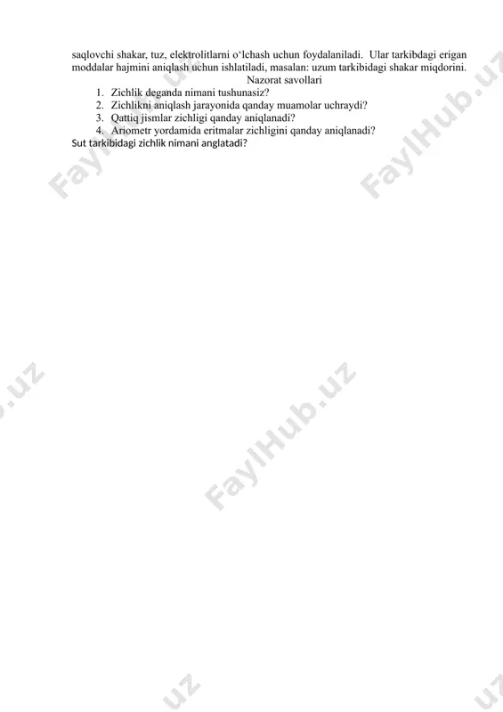 bu kattalikning o‘lchov birligi proporsional qarshilikka nisbatan teng kelolmaydi. gidrostatik tarozilar yordamida zichlikni ±0, 001 g/cm3 aniqlikkacha o‘lchash imkoni bor. qo‘shimcha og‘irlik tolari yordamida zichlikni aniqlash imkoni bor > 1 (itarilish kuchi). biroq, yuqori quyuqlikka ega bo‘lgan suyuqliklarning zichligini aniqlash mushkul, sababi ula suvga botishga katta qarshilik ko‘rsatadi. 4.4. ariometr yordamida eritmalar zichligini aniqlash areometrning tuzilishi va ishlash prinsipi areometr silindr shaklidagi shisha trubochka, quyi qismida ballast (svines) saqlaydi, yuqori qismi ingichka silindr shaklidagi ko‘ndalang nuqtaga ega. ushbu shishada shkala joylashgan bo‘lib, suvga tushirilganda suvning zichligini aniqlash ikoni yaratiladi. suvga tushirilganda areometr/po‘kak to‘liq suvga botmaguncha tushiriladi. zichlikni yanada aniq aniqlash uchun suyuqlik areometr uchun etalaon hisoblangan haroratga ega bo‘lishi zarur, areometr suyuqlikda erkin xarakat qilmoqligi lozim, o‘lchov uchun belgi doim ko‘z oldida turmohi lozim. maxsus areometrlar mavjud bo‘lib ular tarkibida alkagol saqlovchi shakar, tuz, elektrolitlarni o‘lchash uchun foydalaniladi. ular tarkibdagi erigan moddalar hajmini aniqlash uchun ishlatiladi, masalan: uzum tarkibidagi shakar …