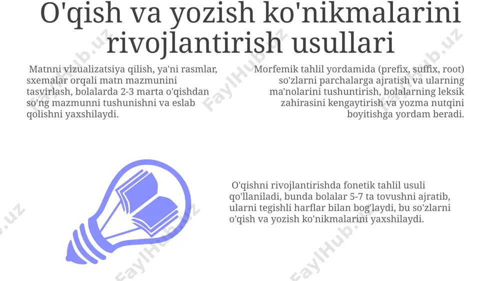 emorning nutq nuqsonlarining og'irligi va xususiyatlarini hisobga olgan holda 3-5 ta asosiy maqsadni belgilaydi. davolash jarayoni 2 bosqichdan iborat bo'lib, birinchisi - diagnostika va individual dastur tuzish, ikkinchisi esa – nazorat va tuzatish mashg’ulotlarini o’tkazish. nutqning tovush tomonini takomillashtirish usullari tovush chiqarishdagi muammolarni bartaraf etish uchun, masalan, "ha", "ma", "ba" kabi hecelerni turli balandlik va ohangda 20 marta takrorlash kabi logopedic mashqlar qo'llaniladi. nutqning tovush tomonini yaxshilashda 3-5 yoshli bolalarda artikulyatsion gimnastika mashqlari, masalan, tilning harakatini rivojlantirish uchun 10 ta mashqdan iborat kompleks qo‘llaniladi. diferensial diagnostika orqali nutq nuqsonlarining 4 ta asosiy turini aniqlash va ularga mos keladigan individual terapiya usullarini – masalan, fonologik terapiya yoki artikulyatsion terapiya – tanlash muhim. tilning rivojlanishiga yordam beruvchi usullar tilni rivojlantirishda 3-5 yoshli bolalarga moslashtirilgan o'yin terapiyasi samarali, bu davrda nutqning asosiy elementlari, masalan, fonetika va grammatika, o'yin orqali o'rganiladi. til rivojlanishini baholashda, 50 ta so'zdan iborat lug'atni o'z ichiga olgan standart testlardan …