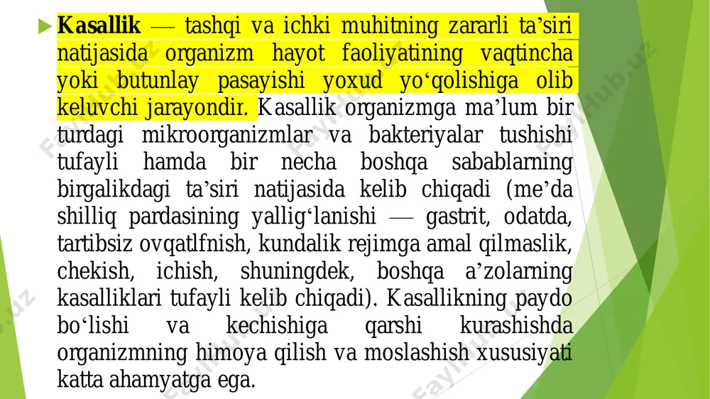 bki), avj olish va tuzalish davri. biroq, ko‘pgina kasalliklarning avj olishi va o‘tishida bunday davrlarni aniq ajratib bo‘lmaydi. har bir kasallik ma’lum belgilar, alomatlar bilan namoyon bo‘ladi. bu belgilar simptomlar deb ataladi. masalan, yo‘tal bronxlar yallig‘lanishi — bronxit simptomidir. simptomlar subektiv (masalan, gipertoniya kasalligida seziladigan bosh og‘rig‘i) va obektiv bo‘lishi mumkin (yurak parogida stetoskop yoki fonendoskop yordamida yurak eshitib ko‘rilganda shovqin borligi ma’lum bo‘ladi). kasallik simptomlari laborator tekshiruv usullarida ham aniqlanadi kasallik xronik tarzda o‘tayotganida ahvol yaxshilanib (davo ta’sirida), kasallik simptomlarining vaqtincha susayib qolishi yoki yo‘qolib ketishi bilan boradigan jarayon remissiya, ya’ni kasallik takrorlanib turgan davr deb ataladi (masalan, xronik gastritda bo‘ladigan remissiya). retsidiv, ya’ni qo‘zish — kasallik simptomlari bir qadar uzoq vaqt bosilib turgandan keyin yana paydo bo‘lishiga aytiladi (meda yara kasalligining retsidivi).  sindrom — organizmning ma’lum patologik holatini xarakterlab beradigan va umumiy patogenez bilan birlashgan simptomlar majmuasi.  patogenez — kasallikning kelib chiqish sabablari va rivojlanishini o‘rganadi. …