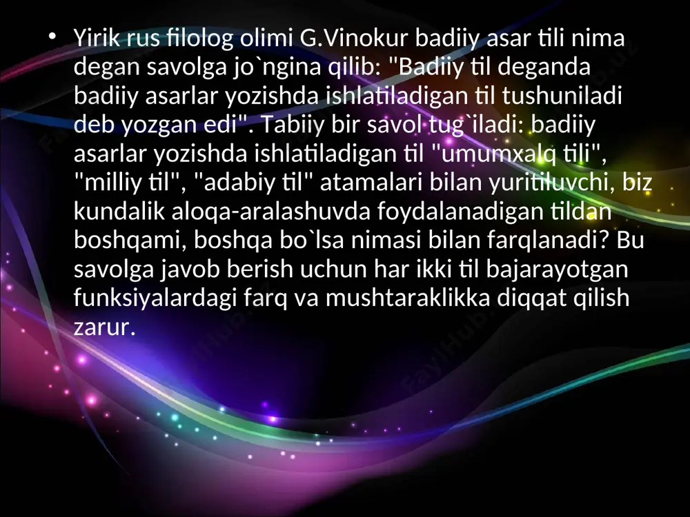 ishlatilishi). badiiy til o`zida milliy adabiyotimizda uzoq davrlardan beri shakllanib kelgan an`analarning davomchisi sanaladi va shu bois ham unda uning o`zigagina xos bo`lgan unsurlar (an`anaviy sifatlashlar, ramz va majozlar, o`xshatishlar va h.) majmui ham mavjuddir. adabiyotlar: lapasov j. badiiy matn va lisoniy tahlil.- t.:o`qituvchi,1995 vvedeniye v literaturovedeniye.-pod.red g.pospelova.-m.,1987. vinokur g.o. o yazike xudojestvennoy literaturi.-m.,1991 baxtin m.m. estetika slovesnogo tvorchestva.-m.:iskusstvo,1986 potebnya a. estetika i poetika.-m.,1976 literaturniy ensiklopedicheskiy slovar.-m.,1987 www.ziyonet.uz