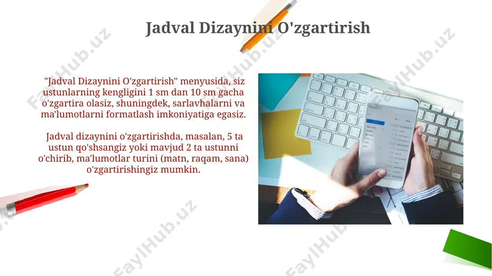 a'minlaydi. indekslarni qo'shish bir nechta maydonlardan tashkil topgan murakkab indekslarni, masalan, 3 ta maydonni o'z ichiga olgan indekslarni yaratish mumkin, bu esa ma'lumotlarni samarali filtrlash imkonini beradi. indekslarning turli xil turlari, masalan, unique yoki clustered indekslar, ma'lumotlar bazasining talablariga qarab tanlanishi mumkin, bu esa ma'lumotlar yaxlitligini va tezkor ishlashni ta'minlaydi. ma'lumotlar turi va hajmini tanlash raqamli ma'lumotlar uchun long integer (4 bayt) yoki integer (2 bayt) turini tanlash ma'lumot hajmi va ishlash samaradorligiga bog'liq. sana va vaqt ma'lumotlarini saqlash uchun date/time turi eng mos keladi va u 8 bayt xotira sarflaydi. jadvalni saqlash va nomlash jadval nomini tanlashda ma'lumotlar bazasining umumiy tuzilishi va keyinchalik ma'lumotlarni qidirish qulayligi uchun aniq va tushunarli nomlarni tanlash muhim, masalan, "mijozlar_ma'lumotlari" yoki "buyurtmalar_2024". jadvalni saqlashda fayl nomini 255 belgidan oshmasligi va faqatgina lotin harflari, raqamlar va "_“ belgilaridan foydalanish tavsiya etiladi, aks holda xatolar yuz berishi mumkin. xatoliklarni topish va tuzatish jadval dizaynida birlamchi kalit …