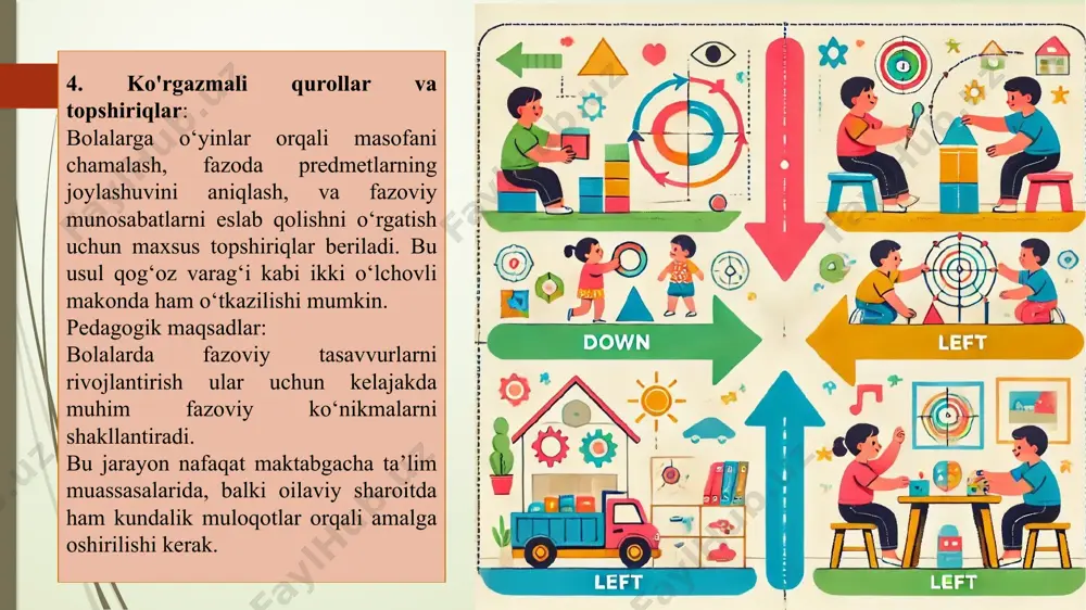 arini rivojlantiradi. ushbu qobiliyat mantiqiy tafakkur va matematik ko‘nikmalarni shakllantirishga asos yaratadi. o‘yinlarning asosiy maqsadlari: bolalarning fazoni his qilishini kuchaytirish. makon tushunchasini (yuqori-past, oldin-orqa, o‘ng-chap) shakllantirish. fazoviy joylashuvni aniqlash qobiliyatini rivojlantirish. metodik yondashuv: turli o‘yin shakllari: rolli o‘yinlar, konstruktorlar, labirintlar, stol o‘yinlari. bosqichma-bosqich yondashuv: yengil topshiriqlardan qiyinlariga o‘tish. ko‘rgazmalilik: rangli materiallar, turli shakl va o‘lchamdagi obyektlardan foydalanish. ijtimoiy o‘rganish: guruhda ishlash orqali muloqot va hamkorlikni rivojlantirish. 2. yosh guruhlaridagi o‘ziga xos xususiyatlar kichik guruh (2-3 yosh): xususiyatlari: fazoni idrok qilish hali boshlang‘ich bosqichda. asosiy e'tibor ranglar, shakllar va obyektlarni tanishiga qaratiladi. o‘yinlar: "shakllarni joyiga qo‘y": bolalar turli shakldagi predmetlarni mos joylarga joylashtiradi. "kim qayerda yashaydi?": o‘yinchoqlarni to‘g‘ri uylariga joylashtirish. o‘rta guruh (4-5 yosh): xususiyatlari: makon tushunchasi kengayadi, asosiy yo‘nalishlarni farqlashga o‘rganadi. o‘yinlar: "labirintdan chiq": bolalar labirintdan chiqish yo‘lini topadi."mening joyim qayerda?": buyumlarni o‘z o‘rniga qo‘yish o‘yini. katta guruh (6-7 yosh) xususiyatlari: fazoviy munosabatlarni mustaqil o‘rganadi, harakatlar ketma-ketligini rejalashtira oladi. o‘yinlar: …