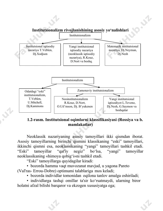 iy bozorlar tabiiy evolyusiyasining natijasi emas, balki davlatning aralashuvi orqali barpo etilgan. t.veblen «bekorchi sinf nazariyasi» (1899) [32] asaridagi odatlar to‘g‘risidagi tahlilda xolizm metodologiyasini qo‘llaydi. odatlar individlarning bozordagi, siyosiy sohadagi, oiladagi xatti-harakatlari doiralarini belgilab beruvchi institutlardan biri hisoblanadi. insonlar xatti- harakati veblen tomonidan ikkita juda qadimiy odatdan kelib chiqib, ta'riflanadi. bu odatlarni u raqiblik hissiyoti (boshqalardan birinchi bo‘lish, umumiylikdan ajralib turish istagi) va mahorat hissiyoti (halol va samarali mehnat qilishga moslashish) deb nomlaydi. t.veblenning fikriga ko‘ra, raqiblik hissiyoti mulkchilik va bozordagi raqobatning asosida yotadi. ushbu hissiyotning o‘zi individ o‘z tanlovini amalga oshirishda o‘z foydaliligini ko‘paytirishni emas, balki 4 boshqalarning ko‘z o‘ngida o‘z nufuzini oshirishni ko‘zlovchi «oshkora iste'mol»ni izohlaydi. masalan, sotib olmoqchi bo‘lgan avtomobilni tanlashda iste'molchi uning narxi va texnik xususiyatlariga emas, balki muayyan rusumdagi mashinaga egalik qilish orqali ta'minlanadigan nufuzga e'tiborni qaratadi. nihoyat, “eski” institutsionalizm namoyondasi j.k.gelbreyt o‘z tahlilini axborot va axborot almashuvining ishtirokchilar o‘rtasida taqsimlanishi masalalaridan boshlaydi. uning asosiy …