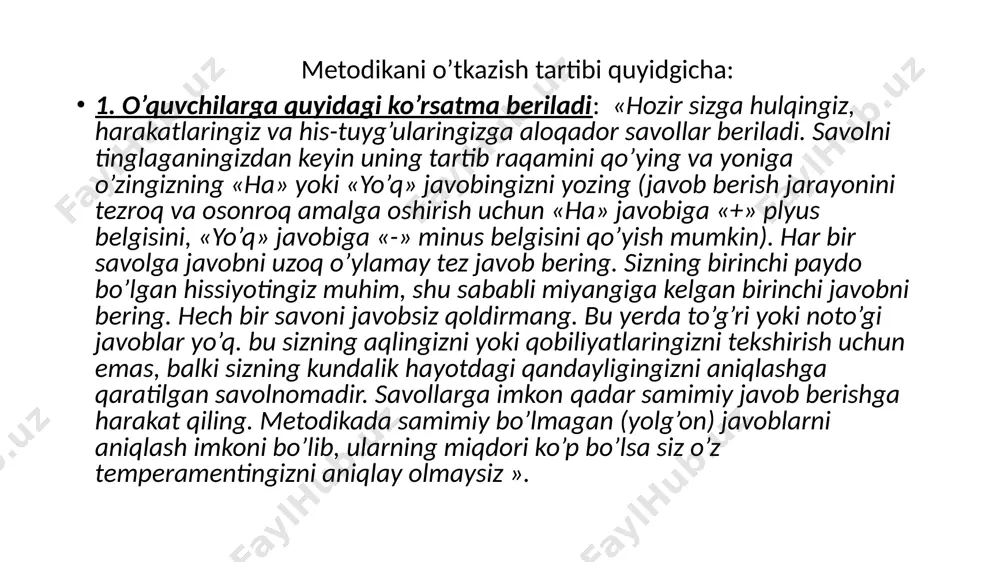 chonlardir arzigulik sabab bo‘lmasa ham o‘zingni baxtsiz his qilganmisan? o‘zing haqingda quvnoq va tiyrak odamman deb ayta olasanmi? sen qachondir maktabda odob-axloq qoidalarini buzganmisan? tez-tez jahling chiqib turadimi? senga hamma ishni tez-tez, shoshib qilish yoqadimi? sen hammasi yaxshilik bilan tugagan, ammo sodir bo‘lishiga sal qolgan har xil dahshatli hodisalarni eslab qattiq qayg‘urasanmi? senga har qanday sirni ishonib aytsa bo‘ladimi? tengdoshlaringni zerikarli davrasini hech qanday qiyinchiliksiz jonlantirib yubora olasanmi? hech qanday sababsiz yuraging qattiq urib turadimi? odatda kim bilandir do‘stlashish uchun sen birinchi qadamni qo‘yasanmi? sen biror marta yolg‘on gapirganmisan? seni yohud qilgan ishingni tanqid qilishsa o‘sha paytdayoq kayfiyating buziladimi? sen tez-tez do‘stlaringga hazil mutoyiba qilib yoki kulgili voqealarni hikoya qilib turasanmi? sen o‘zingni tez-tez horg‘in his qilasanmi? sen hamisha avval darslaringni tayyorlab, so‘ng boshqa yumushlarni qilasanmi? sen odatda quvnoq va hammadan mamnunmisan? xafa bo‘ladiganlardanmisan? sen o‘zga bolalar bilan muloqot qilishni juda yaxshi ko‘rasanmi? qarindoshlaringni xo‘jalikka yordam so‘rab qilgan iltimoslarini hamisha …