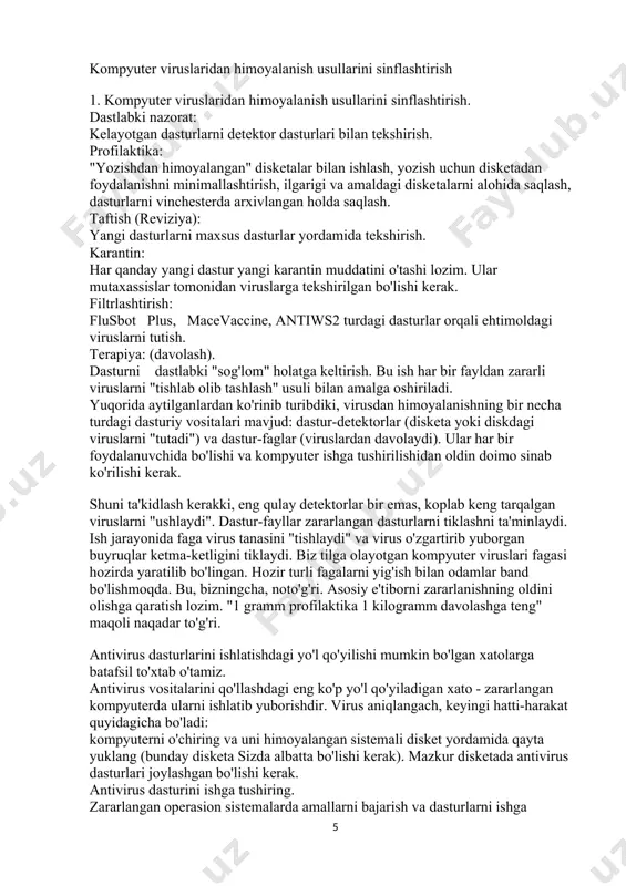 mpyuterda ularni ishlatib yuborishdir. virus aniqlangach, keyingi hatti-harakat quyidagicha bo'ladi: kompyuterni o'chiring va uni himoyalangan sistemali disket yordamida qayta yuklang (bunday disketa sizda albatta bo'lishi kerak). mazkur disketada antivirus dasturlari joylashgan bo'lishi kerak. antivirus dasturini ishga tushiring. zararlangan operasion sistemalarda amallarni bajarish va dasturlarni ishga tushirish qo'pol xato va misli ko'rilmagan yo'qotishlarga sabab bo'ladi. jumladan, bunda hali zararlanmagan dasturlar ham talofat ko'rishi mumkin. masalan, sizning kompyuteringiz rce-1800 virusi bilan zararlangan bo'lsin. mazkur virusga mo'ljallanmagan faga dasturni extiyotsizlik bilan ishlatish qolgan yuklovchi modullarni ham ishdan chiqaradi.yana ko'p uchraydigan xatolardan biri antivirus vositalarini haddan tashqari ishonish. garchand, bunday dasturlarni juda yuqori darajadagi dasturchilar yaratsalar-da, ular har doim ham ishonchli emas. 1http://kasbimaymanoqkxk.narod.ru/maruzamatn.html har qanday dastur kabi, ular ham xatolardan holi emas. bu detektorlarga ham, fagalarga ham taaluqli. shu yerda biz ta'kidlashimiz lozimki, biz faga deb atalayotgan dasturlar aslida "detektor-faga"ning o'zi. shuning uchun ularning ishida viruslarni aniqlashda ham, ularni davolashda ham xatolar bo'lishi mumkin. …