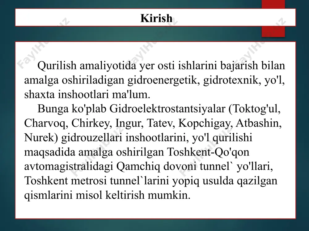 to'liq zaboyli, supali, pat gumbazli, tayanch yadro va qismlar bo'yicha ochish. kesimni ochish metodini qo'llanishi bo'yicha ikki guruhga bo'lish mumkin: mustahkam (f=4) va o'rtacha mustahkam (f =2-4). tosh gruntlarda tunnel` uzunligi chegaralanmagan, to'liq zaboyli va supa metodlari qo'llaniladi. tunnel ishlari haqida tushuncha qisqa tunnel`da o'tish va yer osti inshooti trassasi bo'yicha uchastkalardan o'tishda past gumbazli, tayanch yadro, kesimni qismlar bo'yicha to'liq ochish qo'llaniladi. to'liq zaboyli metod. bunda tunnel` kesimi bir holatda qaziladi, vaqtinchalik va doimiy mustahkamlash-pardozlash amalga oshiriladi. bu metod turg'un jinslarda f > 4 holatda tunnel` kesimi 120 m2 gacha bo'lganda qo'llaniladi. mustahkam, kam yoriqli jinsli joylarda tunnel`ni mustahkamlagichlarsiz yoki yengil mustahkamlagichlar bilan qurish mumkin. mustahkamlagichlar (krep`) ankerli, sepiladigan beton va kombinatsiyalashgan bo'ladi. tunnel ishlarining shitli usuli harakatlanuvchi shit turli maqsadlarda kovlanadigan uskuna hisoblanadi. bir qancha turdagi tunnel komplekslarini yaratishda qo’llaniladi. qazuvchi shit – harakatlanuvchi metal jamlanma konstruksiya, tog’ va boshqa turdagi yerlarni qazish jarayonida qo’llaniladi. dastlabki harakatlanuvchi tunnel …