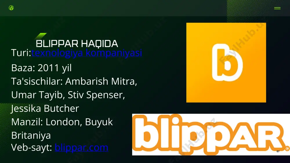 gamble uchun ar tadbirlarini yaratdi . 05 mukofotlari blippar cnbc ning "disruptor 50" ro'yxatiga kiritilgan . u bloomberg tomonidan eng yaxshi biznes innovatori deb topildi . blippar mobile world congress 2017 da eng yaxshi kengaytirilgan haqiqat ilovasi mukofotini qo‘lga kiritdi . kompaniya oneplus bilan ishlagani uchun 2020 yilda digital industries uchun the drum awards mukofotida “virtual va kengaytirilgan haqiqatdan eng yaxshi foydalanish” nominatsiyasiga kirdi. 06 blipparda ishlash ketma-ketligi birinchi navbatta blippar.com deb saytiga kiramiz va ro’yhaddan o’tib olamiz 1 ikkinchidan blipparga kirish parolini yaratib qo’yamiz va biz blippar.com deb yozganimizda bizni proyektga olib kiradi hech qanday so’rovlarsiz 2 birin ketin vazifalarni bajarib boramiz rasm qo’yish joyida jpg fayl yani tiniq rasm so’raydi joylashtirib ishimizni davom etiramiz 3 08 alfredo torres bailey dupont daniel gallego blippar.com deb yozsak bizgan shunday oyna paydo bo’ladi blipparda ishlab ko’ramiz 08 login parol bilan sign is with googleni tanlaymiz 09 shu kabi oyna chiqib keladi …