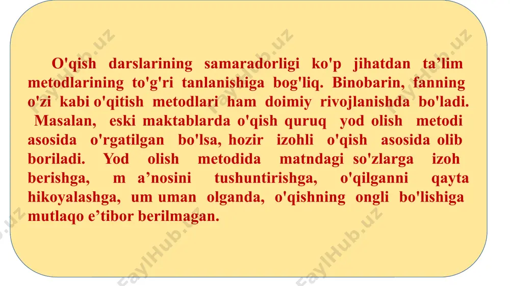 nglashni ta ’minlaydi. izohli o'qish quyidagi tamoyillarga to'liq amal qilingandagina muvaftaqiyatli bo'ladi: 1. o'qishni hayot bilan bog'liq holda tashkil etish. 2. o'qishning ongli va ta’sirchan bo'lishi uchun o'quvchilaming hayotiy tajribalariga, taassurotlariga asoslanish. 3. o'qishni ko'rgazmali tashkil qilish, tabiatga, tarixiy joylarga ekskursiyalar uyushtirish, hayvonot olami va o'simliklar dunyosini ku­zatish, rasmlar, jadvallar, predm etlar bilan tanishtirish hamda matnni o'quvchining ifodali o'qishi tarzida olib borish. boshlang'ich sinf o'qish darslarida asosan she’rlar, masallar, er­taklar, hikoyalar, afsonalar, maqol va topishmoqlar, ilmiy-ommabop asarlar o'qib o'rganiladi. tabiiyki, ularning har biri o'ziga xos shakl, uslub va mazmunda yaratiladi. shuning uchun ham har bir janrga mansub asarlarni o'ziga xos usulda o'qib o'rganish taqozo qilinadi. badiiy asarni izohli o'qishga yaqin bo'lgan m etodlardan biri ijodiy o'qishd'u. atoqli metodist olim n. i. kudryashov ijodiy o'qish metodi tarkibiga quyidagi ish usullarini kiritadi: a) o'qituvchilarning badiiy matnni sharhlab o'qishi ham da o'quvchilarning asarni to'g'ri va imkon qadar yanada chuqurroq, emotsional idrok etishlarini ta …