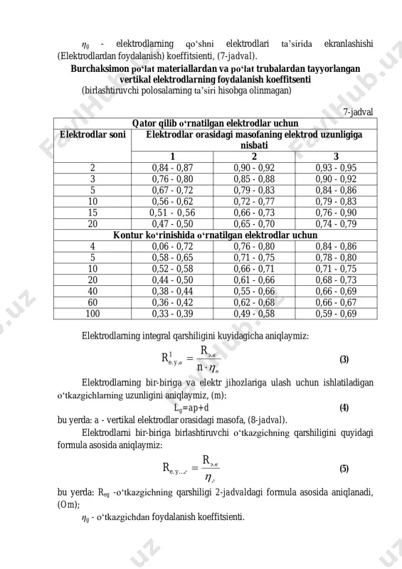 rtikal o‘rnatilgan elektrodlar sonini quyidagicha aniqlaymiz: пзаз ye r r n   .. (2) bu yerda: re.u -erga ulash qurilmasining umumiy qarshiligi, (om); ηg - elektrodlarning qo‘shni elektrodlari ta’sirida ekranlashishi (elektrodlardan foydalanish) koeffitsienti, (7-jadval). burchaksimon po‘lat materiallardan va po‘lat trubalardan tayyorlangan vertikal elektrodlarning foydalanish koeffitsenti (birlashtiruvchi polosalarning ta’siri hisobga olinmagan) 7-jadval qator qilib o‘rnatilgan elektrodlar uchun elektrodlar soni elektrodlar orasidagi masofaning elektrod uzunligiga nisbati 1 2 3 2 0,84 - 0,87 0,90 - 0,92 0,93 - 0,95 3 0,76 - 0,80 0,85 - 0,88 0,90 - 0,92 5 0,67 - 0,72 0,79 - 0,83 0,84 - 0,86 10 0,56 - 0,62 0,72 - 0,77 0,79 - 0,83 15 0,51 - 0,56 0,66 - 0,73 0,76 - 0,90 20 0,47 - 0,50 0,65 - 0,70 0,74 - 0,79 kontur ko‘rinishida o‘rnatilgan elektrodlar uchun 4 0,06 - 0,72 0,76 - 0,80 0,84 - 0,86 5 0,58 - 0,65 0,71 - 0,75 …