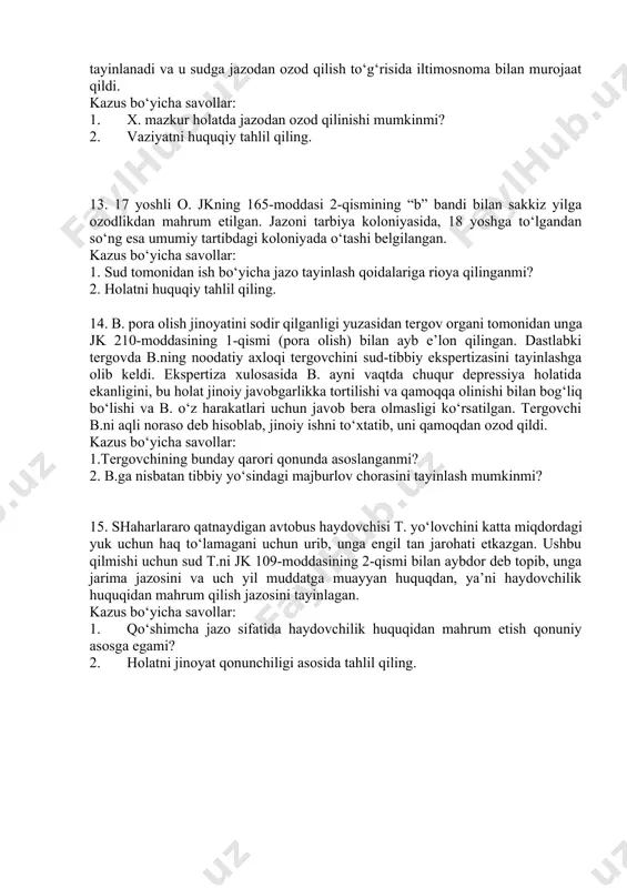 odlikdan mahrum qilish jazosi bilan almashtirilgan. kazus bo‘yicha savollar : 1. sudning qarori qonuniy asosga egami? 2. holatni jinoyat qonunchiligi asosida tahlil qiling. 9. b. muqaddam o‘g‘rilik jinoyatini sodir qilganligi uchun sudlangan bo‘lib, jazoni o‘tab bo‘lganidan so‘ng yana jinoiy faoliyatini davom ettirib, ko‘p miqdordagi giyohvandlik vositasini sotish jinoyatini sodir qiladi. sud tomonidan b. jk 273-moddasining 5-qismi bilan aybdor deb topilib, unga o‘n olti yilga ozodlikdan mahrum qilish jazosi tayinlanib, jazoni qattiq tartibli koloniyalarda o‘tash belgilangan. kazus bo‘yicha savollar 1. sudning hukmi qonuniy asosga egami? 2. holatni jinoyat qonunchiligi asosida tahlil qiling. 10. d. muqaddam haqorat qilganligi uchun ma’muriy javobgarlikka tortilgan bo‘lib, 2020 yil 20 aprel kuni qo‘shnisi a. bilan janjallashib qolib, uni haqorat qilib, jkning 140-moddasining 1-qismida ko‘rsatilgan jinoyatni sodir qilganligi yuzasidan unga ayb e’lon qilinib tergov harakatlari o‘tkazilgan. u ayblangan modda sanksiyasida jarima yoki majburiy jamoat ishlari yoki axloq tuzatish ishlari belgilangan. botirov tergovdan yashiringan. kazus bo‘yicha savollar: 1. …