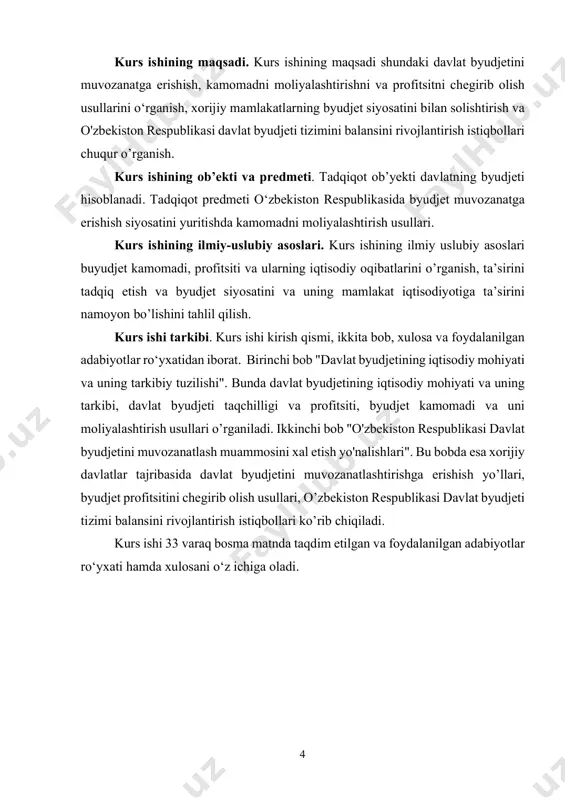 muyi. davlat byudjeti davlat ixtiyoridagi pul fondlarining taqsimlanishini bildirib, u davlat moliyasining bosh boʻgʻini hisoblanadi. davlat o‘z iqtisodiy funksiyalarini bajarishda moliyaviy manba sifatida davlat budjetiga tayanadi. jamiyatning ijtimoiy-iqtisodiy tuzilishini shakllantirish va rivojlantirishda davlat tomonidan tartibga solish katta rol o'ynaydi. jamiyatning moliya tizimi, shuningdek, unga kiritilgan davlat byudjeti davlatga ijtimoiy va iqtisodiy siyosatni amalga oshirish imkonini beruvchi asosiy mexanizmlardan biridir2. davlat budjeti milliy daromadni qayta taqsimlash hisobidan to‘planadigan va davlat tomonidan o‘z funksiyalarini amalga oshirish uchun sarflanadigan eng yirik markazlashtirilgan pul fondidir 3. iqtisodiy nuqtayi nazardan, davlat byudjeti - bu milliy daromadni (qisman milliy boylik) milliy daromadni moliyalashtirish uchun mo'ljallangan byudjet fondini shakllantirish va undan foydalanish munosabati bilan qayta taqsimlash bo'yicha davlatning jismoniy va yuridik shaxslar bilan bo'lgan pul munosabatlari. iqtisodiyot, davlat boshqaruvi, mudofaa ehtiyojlari, shuningdek, ijtimoiy-madaniy tadbirlar. byudjet tufayli davlat moliyaviy resurslarni ijtimoiy va iqtisodiy rivojlanishning muhim sohalariga jamlash imkoniyatiga ega. byudjet ijtimoiy rivojlanishning dastlabki bosqichlarida davlat g'aznasini (byudjet fondini) …