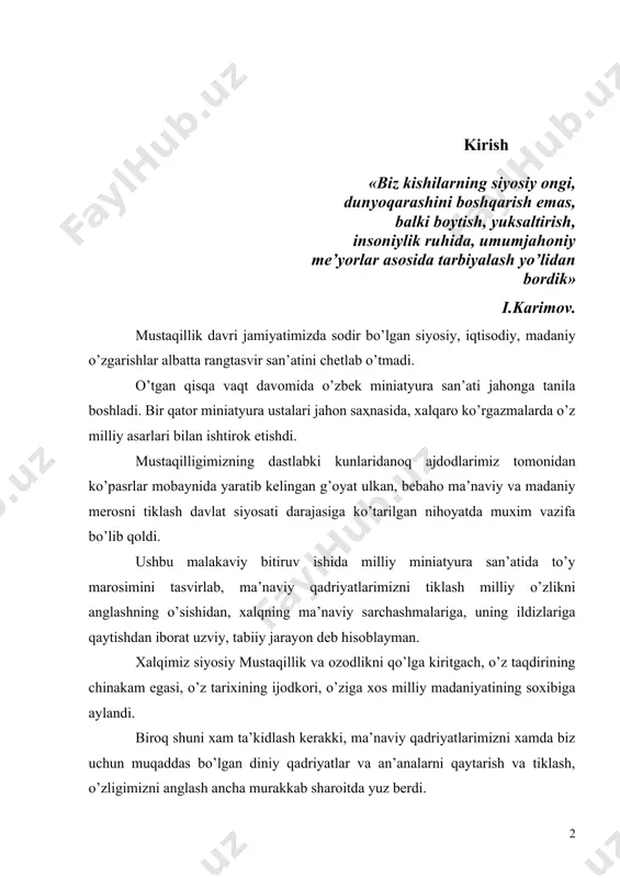 milliy o’zlikni anglashning o’sishidan, xalqning ma’naviy sarchashmalariga, uning ildizlariga qaytishdan iborat uzviy, tabiiy jarayon deb hisoblayman. xalqimiz siyosiy mustaqillik va ozodlikni qo’lga kiritgach, o’z taqdirining chinakam egasi, o’z tarixining ijodkori, o’ziga xos milliy madaniyatining soxibiga aylandi. biroq shuni xam ta’kidlash kerakki, ma’naviy qadriyatlarimizni xamda biz uchun muqaddas bo’lgan diniy qadriyatlar va an’analarni qaytarish va tiklash, o’zligimizni anglash ancha murakkab sharoitda yuz berdi. prezidentimiz i.karimov tomonidan yurt kelajagi uchun ilm-fan, san’at va boshqa sohalarga ko’proq e’tiborni kuchaytirmoqdalar. o’zbekistonning mustaqillika erishuvi jamiyat hayotida muhim o’zgarishlarni amalga oshirishga imkon yaratdi. bu o’zgarishlar mamlakatni yangi yo’ldan ravon odimlashi, erkin va demokratiya asosida taraqqiy eta borishi, rivoj topgan mamlakatlar qatoridan o’rin egallashi uchun qaratilgandir. yangi rivojlanish yo’lida, ayniqsa, xalq ma’naviyatini, miliy g’oyani yuksaltirish va mustahkamlash muhim ahamiyat kasb etishi qonuniydir. o’tmish madaniy merosimizni yaratib bergan atoqli olimlar, donishmandlar, san’atkorlar, davlat arboblari, hayoti va ular qoldirgan ma’naviy merosni o’rganish masalasiga hozirda davlatimiz, yurtboshimiz juda katta e’tibor …