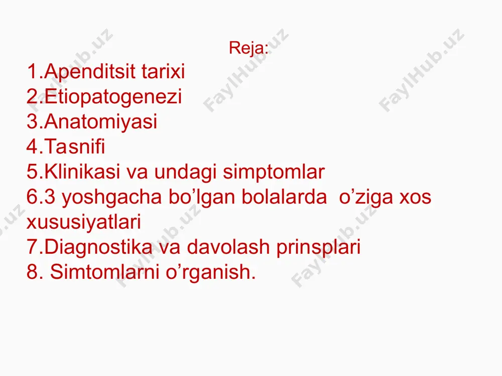 kichik chanoq sohasida joylashishi 8-12%ni tashkil qiladi va bu holat ko`pincha keksalarda kuzatiladi. ko`richak 96% hollarda qorin parda bilan hamma tomondan o`ralgan bo`ladi (intraperitoneal). qo’zg’aluvchan ko’richak- sekum mobile derjavin tadqiqotlari bo’yicha 74% hollarda aniqlanadi. chuvalchangsimon o`simtanining klinik anatomiyasi чувалчангсимон ўсимтани жойлашиш вариантлари нормал медиал ретроцекал siydik qopi devoriga tegib turishi tuxumdonga tegib yaqin joylashishi kindik tomonga qarab joylashishi qorinpardadan tashqari joylashishi- paranefrit alomatlarini jigar ostida joylashishi isakov, stepanov, dronov bo`yicha tasnifi nodestruktiv destruktiv o’tkir kataral(oddiy) flegmanoz gangrenoz perforativ yarali asoratlangan o`simtada yiring bor o`simta atrofida yiring yig`ilgan duglas bo`shlig`ida yiring ichaklar tutqichlararo yiring diafragma ostida yiring bor peritiflit, tiflit, yo`g`on ichak atrofidagi flegmona peritonit шикоятлари кўп учрайдиган 1 – ўнг ёнбош соҳадаги оғриқ 1. оғриқ эпигастрал соҳадан бошланиб кейинчалик ўнг ёнбош соҳага кўчади (кохер-волкович симптоми) 2. доимий (камдан-кам тўлғоқсимон), 3. кучсиз (эзувчи) 4. ҳеч қаерга тарқамайди 2 – кўнгил айниш, қайт қилиш (1 ёки 2 маротаба) 3 – кам қувватлик, …
