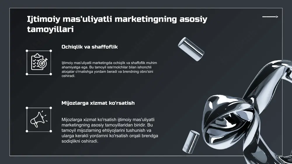 obro'sini oshirishda muhim rol o'ynaydi. - bu marketing usuli yangi bozorlarni o'zlashtirishda samarali strategiyalarni taklif etadi. - jamiyatga ijobiy ta'sir ko'rsatish orqali, kompaniyalar o'z biznes yutuqlarini ta'minlaydi. - ijtimoiy mas'uliyatli marketingning tendensiyalari va istiqbollari, kelajakda yanada rivojlanish imkoniyatlarini ko'rsatmoqda. e'tiboringiz uchun rahmat! image1.png image2.png image3.png image4.png image5.png image6.png image7.png image8.png image9.png image10.png image11.png image12.png image13.png image37.jpg image14.png image15.png image16.png image17.png image18.png image34.png image35.png image36.png