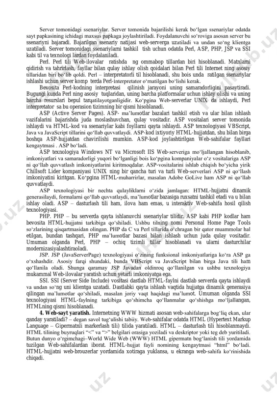 klient tomonida koʻrish tsenariyalarini boshqarish tili. yanada aniqroq aytadigan boʻlsa, javascript – bu yana faqat klient tomonidagi dasturlash tili. liveware javascript tilining avlodi boʻlib, netscape serveri tomonida ishlovchi vosita boʻladi. ammo javascript tilini mashhur qilgan narsa bu klient tomonida dasturlashdir. javascriptning asosiy vazifasi – html-konteynerlar atributlarining qiymatlarini va koʻrsatuvchi muhitining hossalirini html-sarlavhalarni koʻrish jarayonida foydalanuvchi tomonidan oʻzgartirish imkoniyatlarida, boshqacha aytganda ularni dinamik sarlavhalar qilish (dhtml). yana shuni aytish joizki, sarlavhalar qayta yuklanmaydi. amalda buni, masalan, quydagicha ifodalash mumkin, sarlavhaning fonini rangini yoki hujjatdagi rasmni oʻzgartirish, yangi oyna ochish yoki ogohlantirish oynasini chiqarish. “javascript” nomi netscape kompaniyasining xususiy mahsuloti. microsoft tomonidan amalga oshirilgan til rasman jscript deb nomlanadi. jscript versiyalari javascriptning mos versiyalari bilan qisman mos keladi. javascript – ecma (european computer manufacturers association – evropa kompyuter ishlab chiqaruvchilar assotsiyatsiyasi) tomonidan standartlashtirilgan. mos standartlar quydagicha nomlanadi ecma-262 va iso-16262. ushbu standartlar bilan javascript 1.1ga taqriban ekvivalent ecmascript tili aniqlanadi. eslatish joizki, …