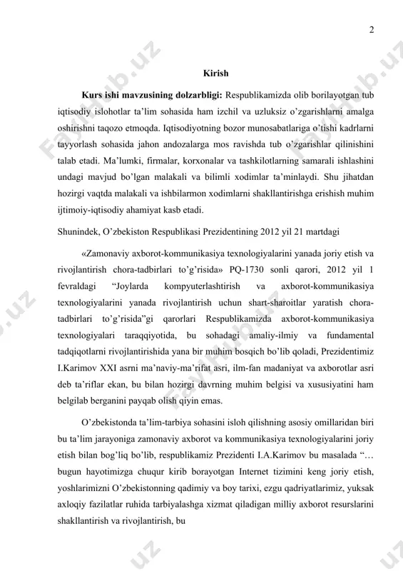 n hayotimizga chuqur kirib borayotgan internet tizimini keng joriy etish, yoshlarimizni o’zbekistonning qadimiy va boy tarixi, ezgu qadriyatlarimiz, yuksak axloqiy fazilatlar ruhida tarbiyalashga xizmat qiladigan milliy axborot resurslarini shakllantirish va rivojlantirish, bu borada o’zbek tilining imkoniyatlaridan samarali foydalanish masalasi doimo e’tiborimiz markazida turishi lozim”ligini ta’kidlaydi. 2008 yilda boshlangan jahon moliyaviy – iqtisodiy inqirozi sharoiti iqtisodiy islohotlarni yanada chuqrlashtirish, iqtisodiy rivojlanishning innovasion yo’li juda dolzarb ekanligini isbotlab berdi. bu borada prezidentimizning “jahon moliyaviy – iqtisodiy inqirozi, o’zbekiston sharoitida uni bartaraf etishning yo’llari va choralari” kitobida ham quyidagi fikrlari keltirilgan: “… innovasion texnologiyalarni keng joriy etish - o’zbekiston uchun inqirozni bartaraf etish va jahon bozorida yangi marralarga chiqishning ishonchli yo’lidir”. buning uchun avvalom bor tinchlik va barqarorlik muhimdir. bu kabi vazifalarni bajarish kadrlar tayyorlash milliy modelini amalga oshirishning bosqichlarida belgilab berilgan bo’lib, uning kelajakdagi istiqboli prezidentimiz tomonidan ilmiy asoslab berildi. modelni amaliyotga tatbiq etish o’quv jarayonini texnologiyalashtirish bilan uzviy bog’liqdir. ilmiy texnikaviy …
