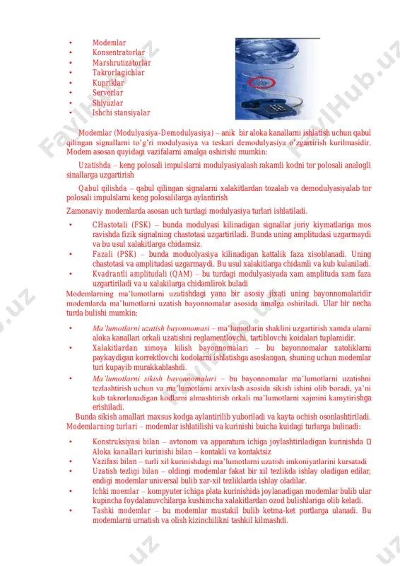 rkibiy qismlarini ko‘rib chiqaylik: nttr resursdan foydalanishda gipertekst (hurerteht transfer rrotocol) protokoli ishlatilyapti. www. youthcenter. com ushbu ma’lumot joylashgan internet saxifa nomi. index.html faylning kompyuterdagi to‘la nomi. ko‘pchilik www saxifalar nomlanishi shu sxemaga mos keladi. eotibor bergan bo‘lsangiz, baozan nttr, ftr yoki gorher tipidagi resurslarga murojaat qilinganda, faylning to‘liq nomi bitta qiyshiq chiziq bilan tugallanadi. bu aniq faylga emas, balki belgilangan katalog ostiga murojaat etilganda sodir bo‘ladi. bu adresga murojaat qilinganda, kompyuter mazkur katalog va faylga mos standart indeksli faylni beradi. nttr ning standart indeksli fayli odatda index.html (yoki index.htm) deb ataladi. shu bilan birga u yana home.html, homerage.html, welcome.html yoki deault.html deb atalishi mumkin. 1997 yildan boshlab o‘zbekistonda internet provayderlar xizmat ko‘rsata boshladi. hozirgi kunda o‘zbekistonda 40 dan ziyod internet provayderlar ishlamoqda. axborot almashishini taminlovchi apparat vositalar bu vositalar axborotlarni kanallar orqali yuborish, qabul qilish xamda bir ko’rinishdan boshqa ko’rinishga o’tkazish, marshrutlash, seleksiyalash va boshqa xizmatlarni amalga oshirish uchun …