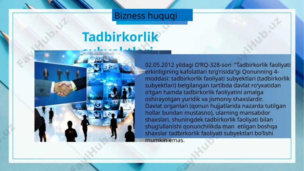xotin o‘rtasidagi o‘zga kelishuvda boshqacha qoida nazarda tutilgan bo‘lmasa, erning (xotinning) roziligi talab qilinadi. yuridik shaxs tashkil etmagan holdagi oilaviy tadbirkorlik qonunchilikda belgilangan tartibda amalga oshiriladi. bunda yuridik shaxs tashkil etmagan holdagi oilaviy tadbirkorlik subyektlari besh nafargacha doimiy ishchini yollab, ular bilan mehnat shartnomasi tuzishga, shuningdek mehnatga layoqatli yoshga to‘lgan boshqa yaqin qarindoshlarini, shu jumladan bolalari va nevaralarining erini (xotinini), aka-ukalari va opa-singillarini, ularning xotinini (erini) va bolalarini yuridik shaxs tashkil etmagan holdagi oilaviy tadbirkorlik subyektining ishtirokchisi sifatida jalb etishga haqli. 2018--2019 oilaviy korxona bizness huquqi yuridik shaxs tashkil etgan holda amalga oshiriladigan oilaviy tadbirkorlikning tashkiliy-huquqiy shakli oilaviy korxonadir. yuridik va jismoniy shaxslar bilan o‘zaro munosabatlarda oilaviy korxona nomidan uning boshlig‘i ish ko‘radi. oilaviy korxona ishtirokchilaridan biri uning boshlig‘i bo‘lishi mumkin, unga oilaviy korxonaning barcha ishtirokchilari bir ovozdan ish muomalasida o‘z nomlaridan ishtirok etish huquqini beradi. oilaviy korxona boshlig‘i vaqtinchalik mehnat qobiliyatini yo‘qotgan yoki uzoq vaqt bo‘lmagan taqdirda, u o‘z …