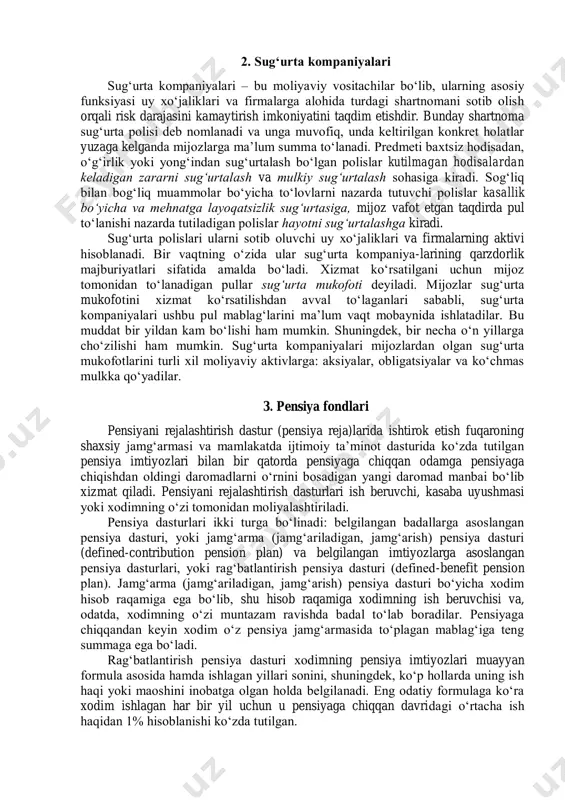 edit uyushmalarini umumiy nomlash uchun qo‘llaniladi. dunyoning taraqqiy etgan mamlakatlarida, shu jumladan, aqshda ular tijorat banklari bilan omonat operatsiyalari sohasida ham, qarz berish sohasida ham raqobatdoshlik qiladi. aqshda shu turdagi tashkilotlar uy sotib olish uchun ipoteka zayomlari va iste’mol zayomlari bo‘yicha ixtisoslashgan. boshqa davlatlarda ham funksiyalari aqshdagi ssuda-jamg‘arma tashkilotlari va kredit uyushmalari funksiyalariga o‘xshaydigan ixtisoslashtirilgan turli xil jamg‘arma institutlari mavjud. 1 moliyaviy vositachilar eng umumiy tarkibiy qismlariga kiruvchi ayrim sub’ektlarning, ba’zi bir sabablarga ko‘ra, mamlakatimiz amaliyotida mavjud emasligi ularning shunday tarkibiy qismlardan iborat ekanligiga rahna sola olmaydi. 2 «klassifikatsiya» lotincha «classis» - daraja, razryad + “facere” – qilmoq. tasnif – tanlab olish; turlarga ajratish. narsa va hodisalarni ularning o‘ziga xos belgi, xususiyatlariga qarab, tur, turkum va sh.k.ga ajratish. qarang: o‘sha manba. j.ii. – b.382. o‘sha manba. j. iv. –b.11. 2. sug‘urta kompaniyalari sug‘urta kompaniyalari – bu moliyaviy vositachilar bo‘lib, ularning asosiy funksiyasi uy xo‘jaliklari va firmalarga alohida turdagi shartnomani sotib …