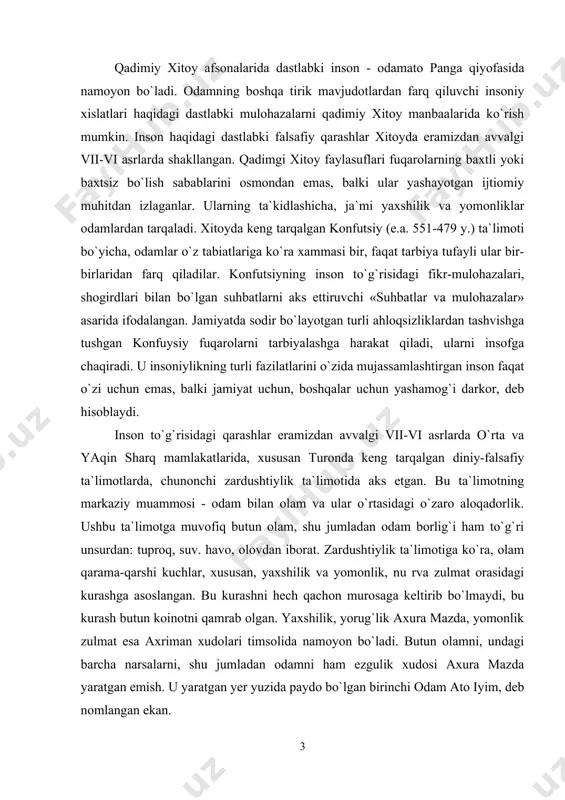 zulmat orasidagi kurashga asoslangan. bu kurashni hech qachon murosaga keltirib bo`lmaydi, bu kurash butun koinotni qamrab olgan. yaxshilik, yorug`lik axura mazda, yomonlik zulmat esa axriman xudolari timsolida namoyon bo`ladi. butun olamni, undagi barcha narsalarni, shu jumladan odamni ham ezgulik xudosi axura mazda yaratgan emish. u yaratgan yer yuzida paydo bo`lgan birinchi odam ato iyim, deb nomlangan ekan. axura mazdaning ko`rsatmasiga muvofiq iyim yer yuziga turli jonli mavjudotlar, xususan, odamlar, hayvonlar, qushlar urug`ini sochibdi, ularni parvarish qilibdi. shu asnoda, iyim yer yuzida 900 yil yashaydi. odam bolasining soni ko`payib yer yuzi unga porlik qila boshlabdi. ana shunda iyim xudoga murojaat qilib, yerni kengaytirishni so`raydi va bunga erishibdi ham. bir kuni axura mazda yer yuzini muzlik bosib kelayotgani xaqida iyimni ogohlantiribdi. iyim yer yuzida mavjud tirik mavjudotlarni saqlab qolish uchun maxsus uy qurib, barcha tirik mavjudotlarning eng yaxshi zotlari, eng zo`r navlaridan bir juftdan saqlab qolibdi. zardushtiylik ta`limotida inson faoliyatini boshqarib turadigan …