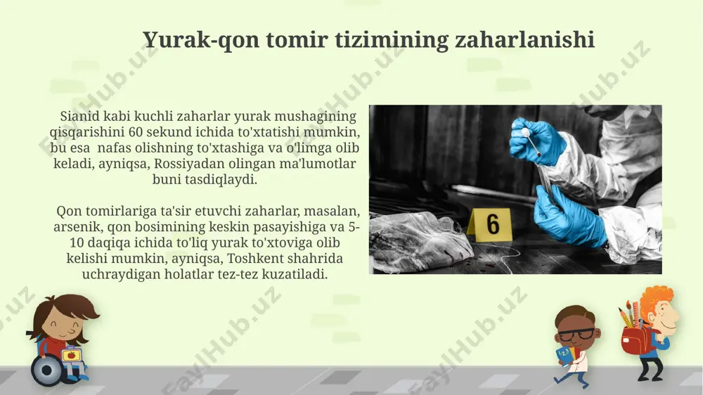 a olib kelgan oziq-ovqat zaharlanishlarining 70% dan ortig'i, bakteriyalar tomonidan ifloslangan go'sht mahsulotlari iste'mol qilish bilan bog'liq bo'lgan. markaziy nerv sistemasining zaharlanishi 2022-yilda o'zbekiston bo'ylab o'tkazilgan tadqiqotlar, markaziy nerv sistemasining zaharlanishining asosiy sabablaridan biri 15-45 yosh oralig'ida, xususan, qishloq joylarda yashovchi aholi orasida, pestitsidlarning noto'g'ri ishlatilishi ekanligini ko'rsatdi. toshkent shahridagi toksikologiya markazining ma'lumotlariga ko'ra, markaziy nerv sistemasini zaharlaydigan moddalar bilan bog'liq o'limlar soni, so'nggi 5 yil ichida 30% ga oshgan bo'lib, bu esa, ogohlantirish va profilaktika choralarining yetarli emasligini bildiradi. toksinlarning ta'siri o'tkir zaharlanish holatlarida, ayniqsa 30 dan ortiq yoshdagi aholi orasida, yurak-qon tomir tizimining faoliyatining keskin buzilishi, taxminan 70% hollarda o'limga olib keladi, shuningdek, andijon viloyatida o'tkazilgan tadqiqotlar buni tasdiqlaydi. organofosfat insektitsidlar bilan zaharlanish, 2-3 soat ichida nafas olish tizimining falajlanishiga va o'limga olib kelishi mumkin, bu esa jahon sog'liqni saqlash tashkilotining ma'lumotlariga ko'ra, yiliga 300 000 dan ortiq odamning halokatiga sabab bo'ladi. o'limga olib keluvchi zaharlanish turlari o'limga …