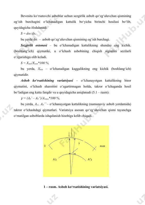chiqish signalini sezilarli o‘zgarishiga olib keladi. s = хmin/хnоm*100 %, bu yerda, хmin – o‘lchanadigan kaggalikning eng kichik (boshlang‘ich) qiymatidir. asbob ko‘rsatishining variatsiyasi – o‘lchanayotgan kattalikning biror qiymatini, o‘lchash sharoitini o‘zgartirmagan holda, takror o‘lchaganda hosil bo‘ladigan eng katta farqdir va u quyidagicha aniqlanadi (5.1 – rasm): ( = (а0’ – а0”)/ахmах*100 %, bu yerda, аo‘, а0(( – o‘lchanayotgan kattalikning (namunaviy asbob yordamida) takror o‘lchashdagi qiymatlari. variatsiya asosan qo‘zg‘aluvchan qismi tayanchga o‘rnatilgan asboblarda ishqalanish hisobiga kelib chiqadi. 1 – rasm. asbob ko‘rsatishining variatsiyasi. asbobning o‘lchash xatoligi. bu xatolik sifatida mutlaq xatolik, nisbiy xatolik yoki keltirilgan xatolik berilgan bo‘lishi mumkin. bu xatoliklar xususida keyingi mavzularda yetarli ma’lumotlar berilgan. o‘lchash diapazoni. bu asosan ko‘p diapazonli asboblarga tegishli. aksariyat hollarda asbobning har bir o‘lchash diapazoniga taalluqli xatoliklari ham beriladi. xususiy energiya sarfi. bu tavsif ham muhim hisoblanib, asbobning o‘lchash zanjiriga ulanganidan so‘ng kiritishi mumkin bo‘lgan xatoliklarini baholashda ahamiyatli sanaladi. ayniqsa, kam quvvatli zanjirlarda o‘lchashlarni …