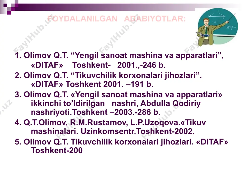 i ishlov berilayotgan mahsulotning maksimal o’lchamini aniqlaydi ishchi qulochlari bo’yicha tikuv mashinalari quyidagilarga bo’linadi: - qisqa ishchi qulochli (l-200 mm gacha); - o'rtacha ishchi qulochli (l-200 mm dan- 260 mm gacha); - uzun ishchi qulochli (l-260 mm dan yuqori). 18 e’tiboringiz uchun rahmat! image1.jpeg image2.jpeg image3.png image4.jpeg image5.jpeg image6.jpeg image7.jpeg /docprops/thumbnail.jpeg