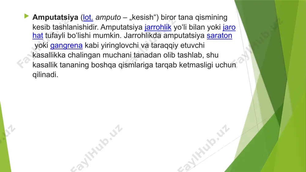 qilishga xayotiy kόrsatmalar: oyoq-qoʻlning xavfli oʻsmalari, ularning yirik qismlari gangrenalari, oyoq-qoʻlning shikastlanishi tufayli uzilib ketishi, mikroblar intoksikatsiyasi va ammiloidozlar oqibatida davo kor qilmaydigan va bemor hayotiga xavf soladigan mahalliy infeksion jarayon, oyoq-qoʻl ogʻir shikastlanadi. ogʻir shikastlanishda birlamchi jarohatlar, ayniqsa oyoq yoki qoʻlning jonsizlanishi va ikkilamchi koʻrsatmalari farqladanadi. shunga koʻra shikastlanishlar tufayli qilinadigan amputatsiyalar ham birlamchi va ikkilamchi amputatsiyalarga boʻlinadi. hayotiy koʻrsatamlar yoʻqligiga qaramasdan, amputatsiyalar oyoq, yoki qoʻldan mutlaqo foydalanib boʻlmaganda, bu aʼzolar xalaqit beradigan, ortiqcha qoʻpol boʻlib qolganda, toʻgʻrilab boʻlmaydigan oyoq qoʻl deformatsiyalarida, ogʻir va davolanmaydigan neyrografik zararlanishlarda, shuningdek, oyoq qoʻlning eng distal boʻlimlardagi quroq gangrenalarda ham qilinadi . alomatlari surunkali yiringli jarayonlar, deformatsiyalar, falajlik, suyaklar sili va xavfli oʻsmalar tufayli qilinadigan operaciyalarga kechiktirilgan amputatsiyalar deyiladi. takroriy amputatsiyalar (reamputatsiya) amputaciya qilingan oyoq yoki qoʻlning kesilgan joyi ogʻirligi, shakli oʻzgargan va protez qoʻyishga yaroqsiz boʻlsagina bajariladi . davolash birlamchi amputatsiya bemor davolash muassasasiga olib kelingan zahoti yoki shikastlanish sodir boʻlgandan keyingi …