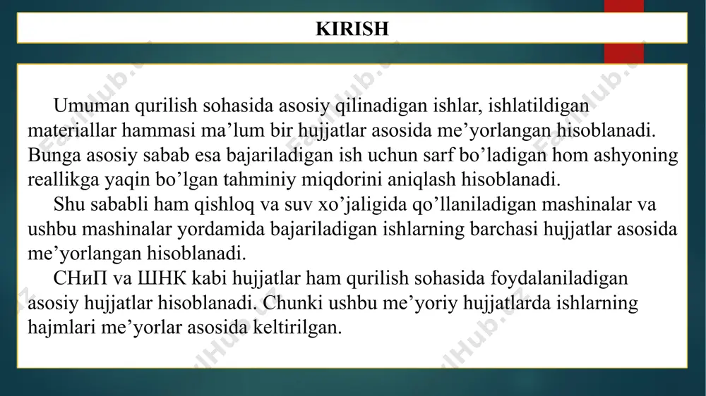 i yo'qotish quyidagilardan iborat. a) tanaffus; b) qo'shimcha va tasodifiy ishlarga sarflangan vaqt; v) mehnat intizomini buzish. texnik me’yorlash haqida tushuncha texnik standartlarni belgilashda texnologik jarayonlarni vaqtni saqlash ishlab chiqarish sharoitida amalga oshiriladi. soatlashda faqat ish vaqti hisobga olinadi. muayyan operatsiyani bajarish vaqtini o'lchash soni sekundomerning o'qilishidagi nomuvofiqlikning kattaligiga bog'liq. regulyator maxsus o'lchovga ega, ular o'lchovlar sonini aniqlashda ko'rsatma beradilar. ammo hisoblash natijalaridan qat'i nazar, barcha holatlarda kuzatuvlar soni kamida 5 bo'lishi kerak. ba'zi hollarda kuzatuvlar soni 85 taga etadi. qurilish ishlari uchun vaqt va narxlarning yagona me'yorlari ishlab chiqilgan bo'lib, ularga binoan ishchilarga ish topshirig'i va uning to'lanishi beriladi. ushbu standartlar texnologiya taraqqiyoti va qurilish ishlarini takomillashtirish usullarini hisobga olgan holda muntazam ravishda ko'rib chiqiladi. texnik me’yorlash turlari d texnik me’yorlash turlari analitik (tahlil) hisobiy kuzatuv usuli tajriba metodi texnik me’yorlash turlari analitik – bu turdagi me’yorlashda mavjud ma’lumotlar tahlil qilinadi va kerakli me’yor o’rnatiladi. hisobiy – bu usulda …