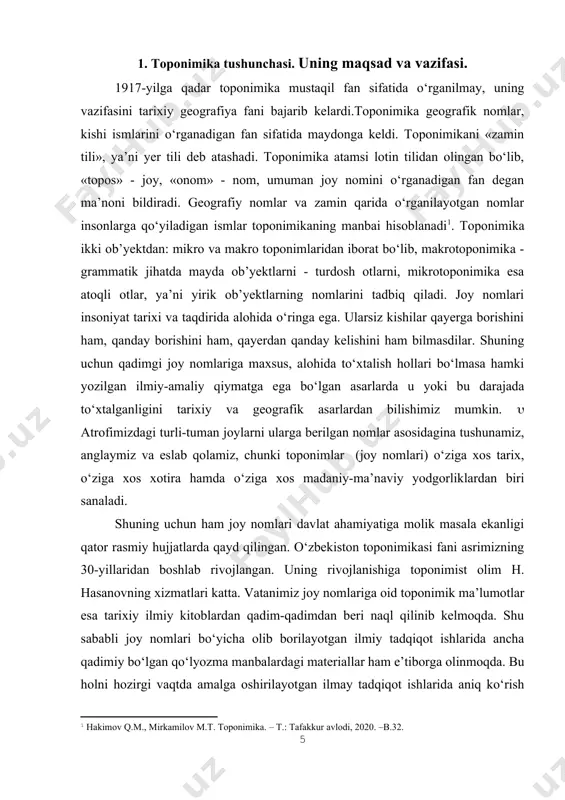 d ba’zi zamonasoz rahbarlarning sayi-harakatlari bilan zamonaviylashtirilishi ham mumkin. mana bunday holatlarning oldini olish uchun esa joy nomlarini xoh u makrotoponim bo‘lsin, xoh u mikrotoponim bo‘lsin, farqi yo‘q. ularni har tomonlama tadqiq etish vaqti, payti keldi. [3: никонов в.а. введение в топонимику. – м.: 1965; мурзаев э.м. очерки топонимики. – m.: 1974. –с.11.] toponimika faning obyekti, predmeti, vazifasi. geografik obyektlarning - materik okean, dengiz, qo‘ltiq, ko‘rfaz, tekislik, tog‘, shahar, qishloq, mamlakat, region va boshqa yer sharidagi obyektlarning nomlari – atoqli otlar bo‘lib, ularni toponimika fani o‘rganadi. aslida geografik obyektlar ma’lum bir mazmunga ega bo‘lib, ularning joylashuvi muayyan hususiyati, aniq bir xalq tilidan olingan so‘z bo‘lib muayyan tarixiy sharoit yoki voqiylik munosabati bilan atalgan. yer sharidagi geografik obyektlar toponimikaning fan sifatida o‘rganish obyekti. geografik xaritalardagi va xaritalarga aks ettirilmagan mahalliy obyektlarning atoqli otlari toponimikaning o‘rganish obyekti. nomlarning paydo bo‘lishi ularning tahlili, fanning predmeti. har qanday fan boshqalaridan ko‘pincha farq qiladigan qonun …