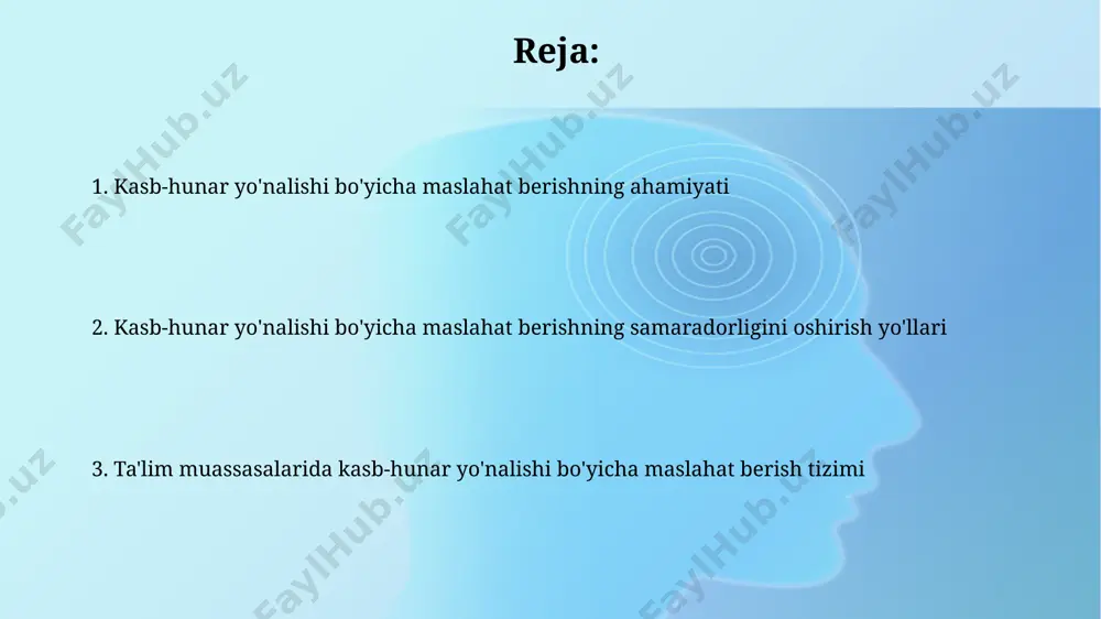 alabning oshishini bildiradi. muvaffaqiyatli kasb tanlash strategiyasi karyera rejalashtirishda shaxsiy qiziqishlar va bozor talabini hisobga olish, shuningdek, kamida 2 ta mutaxassis bilan maslahatlashish tavsiya etiladi. muvaffaqiyatli kasb tanlashda kamida 3 ta turli sohani o'rganish, o'z qobiliyatlaringizni baholash va 5 tadan ortiq potensial kasbni tahlil qilish muhim. kasb-hunar yo'nalishi bo'yicha ta'lim dasturlari davlat tomonidan moliyalashtiriladigan kasb-hunar kollejlari va litseylari 2023 yilda 5000 dan ortiq bitiruvchini tayyorlab, yuqori bandlik ko'rsatkichlariga erishdi. o'quv rejalariga 70% amaliy mashg'ulotlar va 30% nazariy bilimlar kiritilgan bo'lib, bu bitiruvchilarning ish bozoriga tayyorgarligiga sezilarli darajada ta'sir qiladi. kasb-hunar yo'nalishi bo'yicha maslahat berishning ahamiyati kasb-hunar maslahatlari, o'quvchilarning 90% dan ko'prog'ida o'z qobiliyatlarini aniqlash va ta'limning keyingi bosqichlarini rejalashtirishda o'ziga ishonch hissini kuchaytiradi, motivatsiyani oshiradi. professional yo'nalishni aniqlash uchun psixologik testlar va imkoniyatlarni baholashning samarali usullari yordamida 5 dan ortiq kasb variantlari taklif qilinishi, o'quvchilarning potentsialini to'liq ro'yobga chiqarishga yordam beradi. e'tiboringiz uchun rahmat @taqdimot_robot image2.jpg image3.jpg image4.jpg image5.jpg image6.jpg …