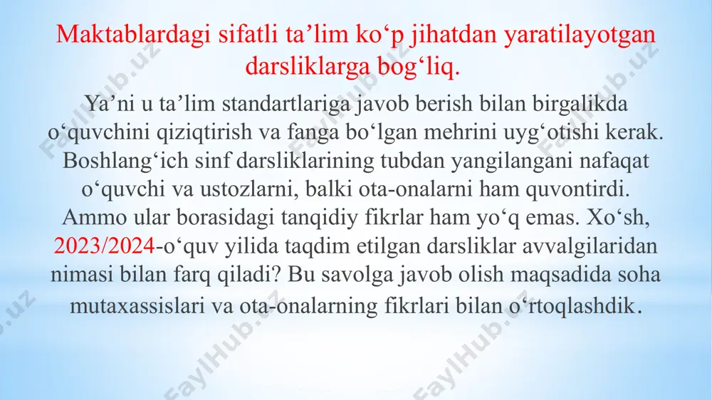‘ladi. oson ko‘rinishidagi masalalar ko‘p bo‘lgani uchun o‘zlashtirishi yaxshi bo‘lgan iqtidorli o‘quvchilar uchun qo‘shimcha adabiyotlardan foydalanishimizga to‘g‘ri kelardi. yangi chop etilgan matematika darsligida esa o‘qituvchi o‘quvchisining bilim darajasiga qarab, misollarni taqsimlab berishi mumkin. har bir o‘quvchi barcha masalalarni yechimini topishi shart emas. ularni darsdan tashqari, mustaqil bajarsa ham bo‘ladi, — deydi vohid hamidov. yangi ko‘rinishdagi matematika darsligi o‘qituvchiga qiyinchilik tug‘dirmaydimi? agar o‘quvchilarga barcha misol va masalalarni yechish majburiy bo‘lmasa, baholash tizimi qanday amalga oshiriladi. bu savolga quyidagicha javob beriladi. — kundan kunga iqtidorli o‘quvchilar ko‘payib boryapti. ilgari darslikdan tashqari, yana boshqa adabiyotlardan foydalanishga majbur bo‘lardik. iqtidorli o‘quvchi 45 daqiqalik dars davomida o‘n ikkita misol va masalani yecholadi. chunki unga bittasini tushuntirsangiz, qolganini o‘zi bajarib ketaveradi. ammo sinfda yaxshi o‘zlashtirolmaydigan o‘quvchilar ham bor. masalan, sinfda to‘rtta ana shunday o‘quvchi bo‘lsa, unga 6-8 ta misol bersak va javoblariga qarab baholaymiz. ota-onalarning darslik kitoblariga beeʼtibor emasligi hammani quvontiryapti. ijtimoiy tarmoqlarda yangi darsliklar borasidagi …