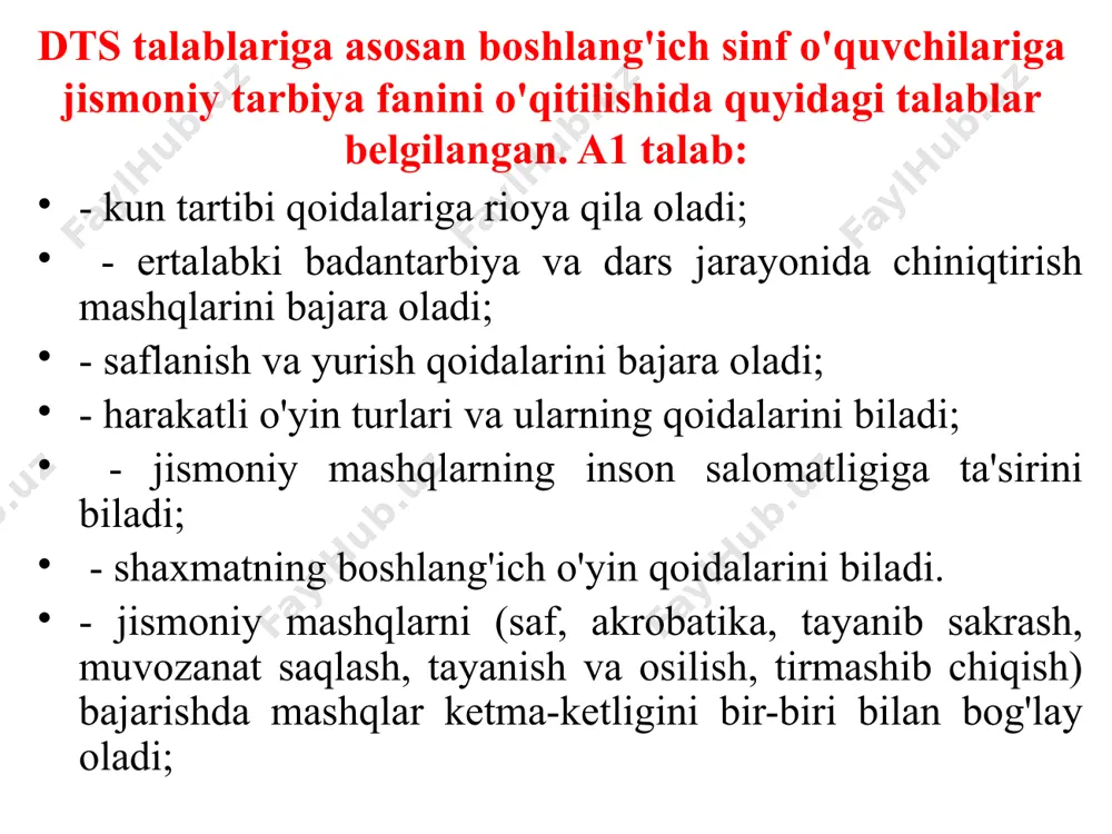 qayd etilgan jismoniy tarbiya dars turlaridan tashqari darslar tashkil etilish xarakteriga ko‘ra ham turlanadi: aktsentli (urg‘uli) darslar, aralash darslar, majmuaviy darslar deb nomlanadi. aktsentli darslar – mazmuniga ko‘ra dasturning alohida ajratilgan bo‘limi bo‘yicha tashkil etish demakdir. ya'ni aktsentli dars diqqati gimnastika, yengil atletika, voleybol, basketbol va h.k.ga yo‘naltirilgan. darsni o‘qitish jarayoni shu bo‘lim materialini o‘rganish, takrorlash yoqi takomillashtirishga qaratilgan bo‘ladi. aralash darslar – mazmuniga ko‘ra o‘quv dasturi tarkibidagi bir necha bo‘lim materialini o‘zlashtirilib o‘qitishga karatiladi. bunday darslarda o‘quvchilar bir necha guruhlarga bo‘linib, dars davomida o‘zlashtirmagan mavzulari ustida o‘qituvchi nazorati va rahbarligida ishlaydilar. majmuaviy darslar – mazmuni o‘quv dasturining tartibidagi bir necha bo‘lim materiallari bo‘yicha tashkil etiladi. ya'ni aniq pedagogik vazifalarga ko‘ra bir darsni o‘zida bir necha mavzu (voleybol, yengil atletika, kurash, gimnastika va h.k.) o‘qitiladi. bunday darslar amalda kam tashkil etiladi. 4. boshlang`ich sinflarla yengil atletika darsi maktab jismoniy tarbiya dasturining tahlili va 1-4 sinf o‘quvchilari uchun «yengil atletika» bo‘limiga …