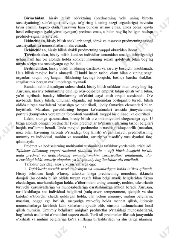 mlarning ob’ektini qayd etish orqali asoslanadi. o‘z navbatida, hissiy bilish, umuman olganda, aql tomonidan boshqarilib turadi, bilish oldida turgan vazifalarni bajarishga yo‘naltiriladi, ijodiy fantaziya elementlari bilan boyitiladi. masalan, guvohlarning bergan ko‘rsatmalari asosida jinoyatchining portreti (kompyuter yordamida fotoroboti yaratiladi yaqqol his qilinadi va qidiriladi. lekin, shunga qaramasdan, hissiy bilish o‘z imkoniyatlari chegarasiga ega. u bizga alohida olingan predmetlar (yoki predmetlar to‘plami), ularning tashqi belgilari haqida ma’lumot beradi. unda mavjud predmetlar o‘rtasidagi aloqadorlik (masalan, muz bilan havoning harorati o‘rtasidagi bog‘lanish) o‘rganilmaydi, predmetlarning umumiy va individual, muhim va nomuhim, zaruriy va tasodifiy xususiyatlari farq qilinmaydi. predmet va hodisalarning mohiyatini tushunishga tafakkur yordamida erishiladi. tafakkur bilishning yuqori-ratsional (lotincha ratio – aql) bilish bosqichi bo‘lib, unda predmet va hodisalarning umumiy, muhim xususiyatlari aniqlanadi, ular o‘rtasidagi ichki, zaruriy aloqalar, ya’ni qonuniy bog‘lanishlar aks ettiriladi. tafakkur quyidagi asosiy xususiyatlarga ega: 1. tafakkurda voqelik mavhumlashgan va umumlashgan holda in’ikos qilinadi. hissiy bilishdan farqli o‘laroq, tafakkur bizga predmetning nomuhim, …