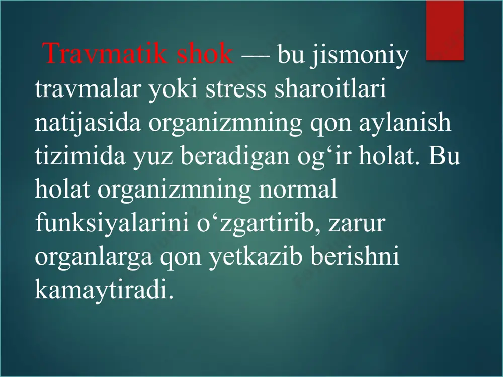 tarqalgan sabab, bunda bir vaqtning o‘zida bosh, ko‘krak, qorin va oyoq-qo‘llarning jarohatlari sodir bo‘ladi. balandlikdan yiqilish: bir nechta suyaklar sinishi, ichki organlar zararlanishi va bosh miya jarohatlari bilan kechishi mumkin. sanoat yoki sport jarohatlari: mexanik yoki kimyoviy ta'sirlar natijasida yuzaga keladigan jarohatlar. terrorizm va harbiy jarohatlar: portlash yoki o‘qotar qurollar natijasida bir nechta organlarning zararlanishi. politravmaning turlari mono-sistemali politravma: bir tizim ichida bir nechta organlarning jarohatlanishi (masalan, ko‘krak qafasi va o‘pka jarohati). ko‘p-sistemali politravma: bir vaqtning o‘zida turli tizimlarning zararlanishi (masalan, bosh miya, o‘pka va qorin bo‘shlig‘i organlari). mexanik politravma: faqat mexanik ta'sir natijasida (zarba, yiqilish). aralash politravma: mexanik, termik yoki kimyoviy jarohatlar kombinatsiyasi. политравмада қўл – оёқларни шикастланиши-86% т.қ. бошни шикастланиши – 69% ни т.қ. кўкракни шикастланиши – 62 ни т.қ. қорин шикастланиши – 36% ни т.қ. чаноқни шикастланиши – 28% ни т.қ. умуртқани шикастланиши – 19% ни ташкил қилади. politravmaning klinik belgilari travmatik shok: qon ketishi yoki og‘riq …