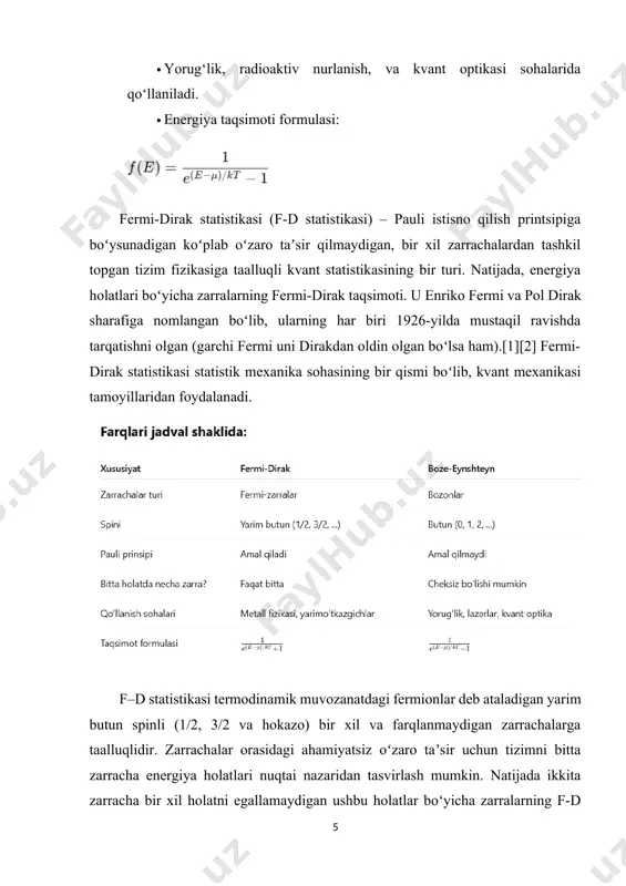 ifodalanadi) va spin deb nomlanuvchi bitta diskret erkinlik darajasiga ega. bora-bora koʻproq „murakkab“ zarralar asta-sekin koʻproq ichki erkinliklarga ega boʻladi (masalan, atomdagi turli kvant raqamlari) va agar ansambldagi „bir xil“ zarrachalar ularning sonini (zarrachalar soni) egallashi mumkin boʻlgan ichki holatlar soni mitti boʻlsa, u holda kvant statistikasining taʼsiri ahamiyatsiz boʻlib qoladi. shuning uchun kvant statistikasi, masalan, geliy suyuqligi yoki ammiak gazini (uning molekulalari juda koʻp, ammo aqlga sigʻadigan ichki holatlarga ega) hisobga olgan holda foydali boʻladi, ammo makromolekulalardan tuzilgan tizimlar uchun foydasiz. tizimlarning klassik va kvant tavsiflari oʻrtasidagi bu farq barcha kvant statistikasi uchun asosiy boʻlsa-da, kvant zarralari tizim simmetriyasi asosida yana ikkita sinfga boʻlinadi. spin-statistika teoremasi kombinatoryal simmetriyaning ikkita alohida turini spin simmetriyasining ikkita maxsus turi, yaʼni bozonlar va fermionlar bilan bogʻlaydi. fermi-dirak statistikasi asoslari. 1926 yilda fermi-dirak statistikasi kiritilishidan oldin, qarama-qarshi koʻrinadigan hodisalar tufayli elektron xatti-harakatlarining baʼzi jihatlarini tushunish qiyin edi. masalan, xona haroratida metallning elektron issiqlik sigʻimi …
