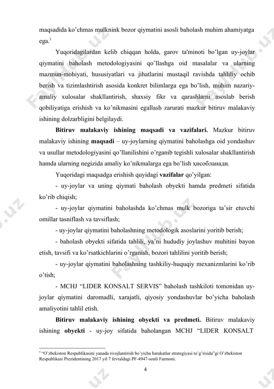itiruv malakaviy ishining nazariy ahamiyati uy-joylarning qiymatini baholash metodologiyasida namoyon bo’ladi. bitiruv malakiy ishining amaliy ahamiyati kelajakdagi professional faoliyatda obyekt qiymatini baholashning yondashuv va usullarini tizimlashtirish asoslari mumkinligida ko’rinadi. bitiruv malakaviy ishi tarkibining qisqacha tavsifi. bitiruv malakaviy ishi tarkibiy jihatdan kirish, uchta bob, xulosa, foydalanilgan adabiyotlar ro’yhatidan iborat. bitiruv malakaviy ishi jami 64 betni tashkil qilib, unda 14 ta jadval va 8 ta rasm shakllantirilgan. ishning kirish qismida mavzuning dolzarbligi, predmeti va obyekti, ishning maqsadi va vazifalari, nazariy-amaliy ahamiyati hamda malakaviy ish tarkibining qisqacha tavsifi yoritilgan. ishning i bobida uy joylar qiymatini baholashning nazariy va metodologik asoslari ko’rib chiqilgan bo’lib, ko’chmas mulk hisoblangan uy-joylar va uning qiymati baholash obyekti hamda predmeti sifatida yoritib berilgan. uy-joylar qiymatini baholashda ko’chmas mulk bozoriga ta’sir etuvchi omillar tavsiflangan va tasniflangan hamda uy-joylar qiymatini baholashning metodologik asoslari bayon etilgan. ishning ii bobida uy joylar qiymatini baholashning huquqiy mexanizmi va axborot tizimi yorotb berilgan bo’lib, uy-joylar …