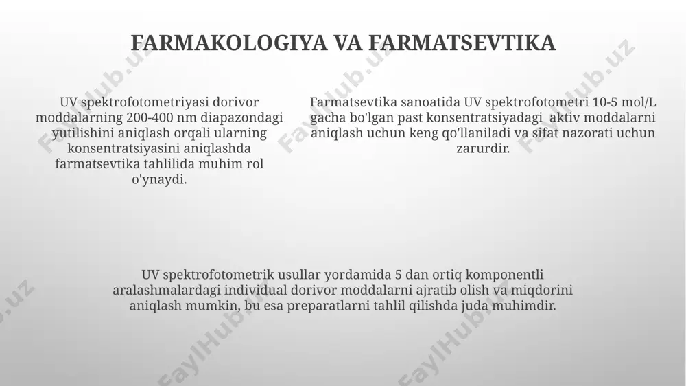 beradi. ultraviyole spektrofotometriya, organik birikmalarning, ayniqsa, aromatik halqalar va konjuge bogʻlanishlarni oʻz ichiga olganlarning, molekulyar tuzilishini aniqlash va miqdorini aniqlashda keng qoʻllaniladi. tarkibiy tahlil spektrogrammadagi yutilish choʻqqilarining soni va intensivligi moddaning funktsional guruhlari va ularning miqdorini aniqlash imkonini beradi, bu tarkibiy tahlil uchun muhimdir. lambert-bir qonunidan foydalanib, maʼlum toʻlqin uzunligidagi yutilishni oʻlchash orqali modda eritmasidagi analitning konsentratsiyasi 0.01-1 mg/ml oraligʻida aniqlanadi. lambert-bir qonunidan foydalanib, maʼlum toʻlqin uzunligidagi yutilishni oʻlchash orqali modda eritmasidagi analitning konsentratsiyasi 0.01-1 mg/ml oraligʻida aniqlanadi. sifat tahlili uv spektrofotometri 200 dan 400 nm gacha bo'lgan ultrabinafsha nurlanish diapazonidan foydalanib, turli xil organik birikmalarni aniqlash imkonini beradi. uv spektrofotometriyasi yordamida 0.1 dan 10 mg/l gacha bo'lgan konsentratsiyadagi moddalarni aniqlash mumkin, bu uning yuqori sezuvchanligini ko'rsatadi. ushbu usul yordamida o'rtacha 0.01 o'lchov xatosi bilan 10 dan ortiq namunalarni bir soat ichida tahlil qilish mumkin, bu uni samarali usul qiladi. asbob-uskunalar va jihozlar kvars küvetalari (1 sm yo'l uzunligi bilan) …