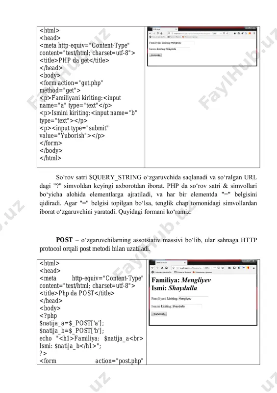i. cookie – o‘zgaruvchilarning assotsiativ massivi bo‘lib, ular foydalanuvchi kompyuteriga cookie fayllardan http protokoli orqali sahnaga beriladi. session – bu assotsiativ massiv bo‘lib, u foydalanuvchi foydalanayotgan vaqtda (vaqt sessiyasida) veb saytdagi har bir sahnaga murojaat qilish imkoniyatini beradi. request – assotsiativ massiv bo‘lib, ular ushbu tipdagi o‘zgaruvchining get va post larini so‘zsiz o‘zida saqlaydi. foydalaniladigan adabiyotlar roʻyxati: asosiy adabiyotlar 1. мэтта зандстра. php: объекты, шаблоны и методики программирования., диалектика, 2019, 739 c. 2. макграт, майк. php7 для начинающих с пошаговыми инструкциями., москва: издательство «эксмо», 2018.-256 с. 3. дронов в., laravel. быстрая разработка современных динамических web-сайтов на php, mysql, html и css., бхв-петербург, 2018, 755 c. 4. абрамян м. э. электронный задачник programming taskbook 4.6 — ростов-на-дону., 2007. — 156 с. 5. максим кузнецов, игорь симдянов. самоучитель php 7 издательство: бхв-петербург, 2018 г., 450 стр. 6. дмитрий котеров, игорь симдянов. php 7. наиболее полное издание., бхв-петербург, 2016, 1088 с. 7. робин …