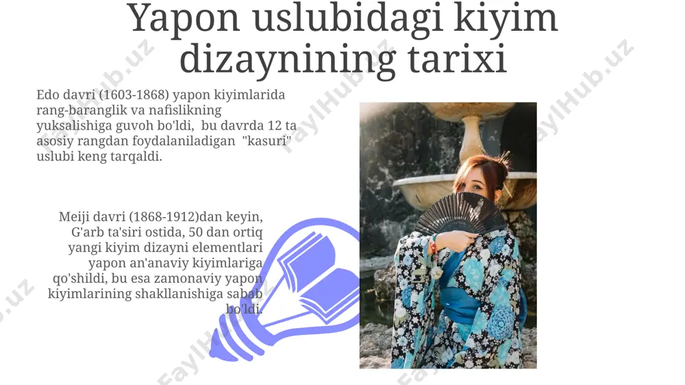lar yaratishda, tokiodagi zamonaviy dizaynerlar tomonidan muhim ahamiyatga ega. an'anaviy yapon kiyimlari: kimono va boshqalar фукушима префектурасидаги ҳунармандлар анъанавий кимоноларни яратишда 300 йилдан ортиқ тажрибага эга бўлиб, уларнинг бетакрор нақшлари ва тикув услублари билан ажралиб туради. кимоно тикишда 12 дан ортиқ турли ипак матолар, жумладан, киотодан келтирилган "кинугава" ва "ёшигава" каби машҳур навлар қўлланилади. yapon uslubi va g'arb modasi 1960-yillarda yaponiya dizaynerlari, xususan issey miyake, gʻarb minimalizmi va yapon anʼanaviy uslublarini uygʻunlashtirib, butun dunyoga mashhur boʻlgan yangi moda yoʻnalishini yaratdilar. yapon kimonosi, 17-asrda yevropaga kirib kelgan boʻlsa-da, 20-asrning boshlarida gʻarb modachilari tomonidan parij va nyu-yorkda yangicha talqin qilinib, zamonaviy liboslar yaratishda ilhom manbai boʻldi. kelajakdagi tendentsiyalar 01 02 yangi texnologiyalar, jumladan 3d-bosma va ar/vr texnologiyalarining joriy etilishi bilan, yaponiya uslubidagi kiyim dizayni 2027 yilga borib individualizatsiya darajasini 10% ga oshiradi, bu esa mijozlarga o'ziga xos dizaynlarni yaratish imkoniyatini beradi. sales 1st qtr 2nd qtr 100 0 sales 1st qtr 2nd …