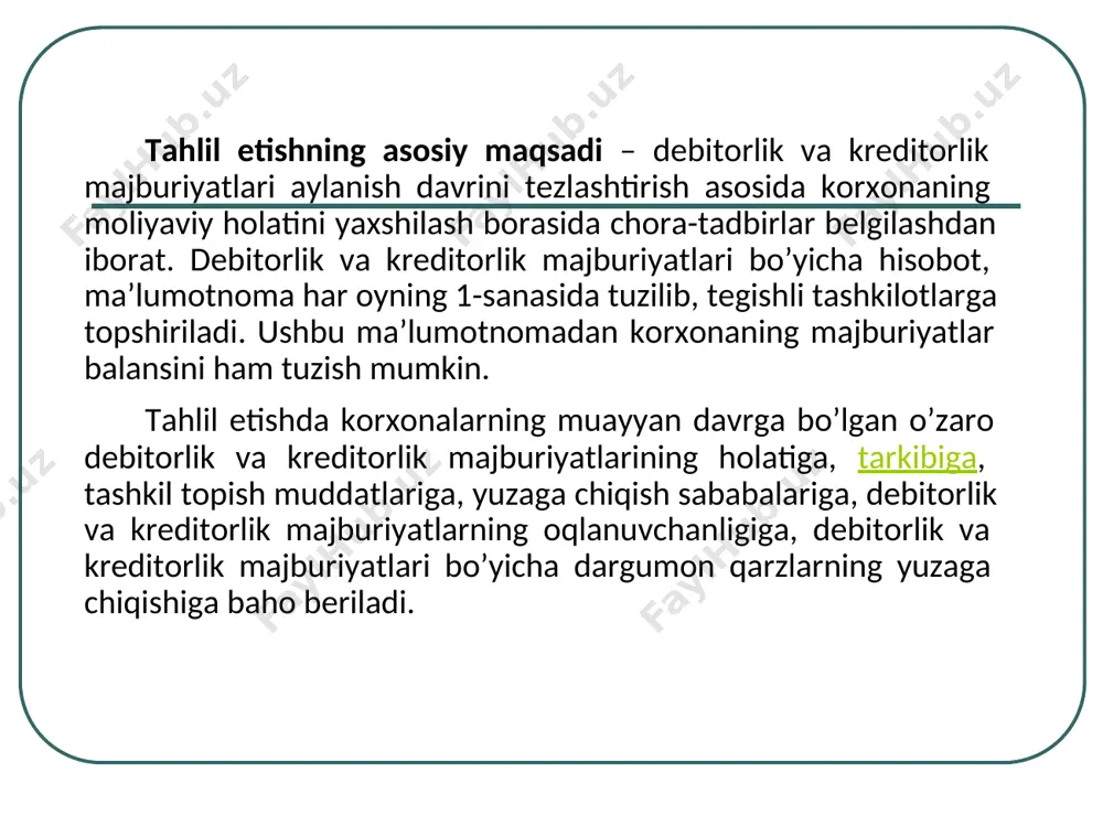 ilotlar o’rtasida, korxona bilan soliq yetkazib korxona organlari o’rtasidagi, korxona bilan ijtimoiy taminot bo’limlari va turli jamoat tashkilotlari, shuningdek, xodimlar, mulk egalari, aksionerlar va investorlar bilan bo’ladigan munosabatlarda yuzaga keladi. ularning yuzaga kelishining asosiy sababi hisob kitoblarda vaqtning o’zgaruvchanligidir. ya’ni bugun ortilgan mahsulot ham puli to’langunga qadar debitorlik va kreditorlik majburiyatlar qatoriga kiritiladi. bunda daromad va xarajatlarning yuzaga chiqishi bilan ular bo’yicha hisob kitoblarning amalga oshishi orasida farqlanish kelib chiqadi. budjet tashkilotlari tomonidan daromadlar va xarajatalar smetalarini ishrosini amalga oshirish jarayonida jismoniy va yuridik shaxslar bilan hisoblashuvlarni amalga oshiradi. bu hisoblashlarning provard natijasi debitorlik va kreditorlik majburiyatlar bo`yicha hisoblashuvlarni yuzaga kelishiga sabab bo`ladi. debitorlik majburiyat – bu boshqa korxonalarni, (haridorlarga sotilgan mahsulot (ish va xizmatlar), mol yetkazib beruvchilarga oldindan to`langan mablag`lar va boshqalar bo`yicha), budjet, budjetdan tashqari jamg`armalarni (soliqlar, majburiy ajratma va ushlanmalar bo`yicha oldindan to`langan mablag`lar bo`yicha) xodimlarni (hisobini berish sharti bilan olingan mablag`lar va boshqalar bo`yicha) tashkilot oldidagi …