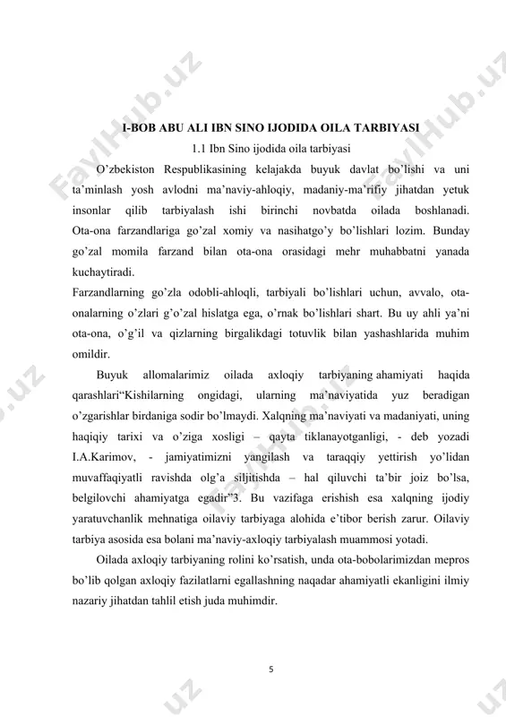 ayli milliy-axloqiy qadriyatlarimiz asrlar osha avlodlardan-avlodlarga o’tib kelmoqda. chunki bir tomchi bo’lsa ham ularning qoni tomirimizda oqayotir. ana shu qonni jo’sh urdirmoq bilan yuraklarimiz uyg’oq, dilimiz ravshan, tafakkurimiz munavvar. ana shunday kayfiyat bizning dilimizda ko’p yillardan beri yashirinib kelinar edi. endilikda milliy istiqlol tufayli milliy-axloqiy qadriyatlarimiz qaytadan tiklandi. ulardan bolalarni ma’naviy jihatdan tarbiyalashda foydalanish oilaviy tarbiyamiz uchun obektiv zarurtga aylandi. sharq xalqlarining bir necha ming yillar mobaynida yaratgan bebaho odob-axloq qoidalari, qadriyatlari mavjud. ularni qaytadan tiklash va hayotga tadbiq etish muhim masalalardan biridir. sharq mutafakkirlarining ilmiy merosida ta’lim-tarbiya masalalari muhim o’rin egallaydi. ayniqsa, ular oila va oilada farzand tarbiyasiga katta e’tibor berganlar. zero yosh avlod tarbiyasi insoniyatning kelajak taqdirini belgilaydigan, ularni ijobiy mezon bilan qurollantiradigan sifatlar bo’lganligi uchun ham mutafakkirlar bu muammoni hal qilishga harakat qilib kelganlar. muhamad ibn muso al xorazmiy, abu nosr farobiy, abu rayhon beruniy, abu ali ibn sino, muhamad qoshg’oriy, yusuf xos hojib, kaykovus, umar xayyom, …