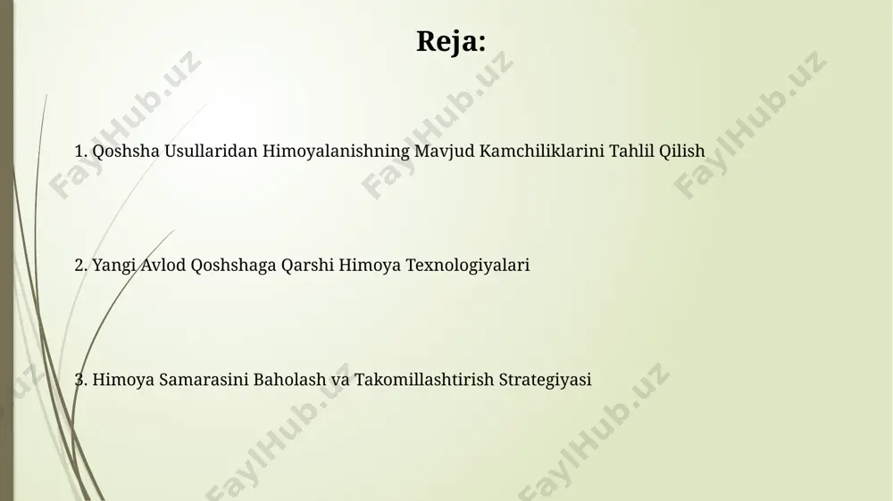 darajadagi xavfsizlikni ta’minlaydi va hozirgi zamon kompyuterlari uchun ham sindirish juda qiyin. hash funksiyalari, masalan, sha-256 yoki sha-3, ma’lumotlarning oʻzgarishini aniqlash uchun ishlatiladi va ularning xesh qiymatini hisoblab, ma’lumotlarning yaxlitligini ta’minlaydi. xavfsizlik auditorligi va zaifliklarni aniqlash xavfsizlik auditorligi jarayonida kamida 10 ta turli xil zaifliklarni aniqlash usullaridan foydalanish tavsiya etiladi, jumladan, penetratsion testlar va statik kod tahlili. o'rtacha korxona uchun xavfsizlik auditorligi va zaifliklarni aniqlash ishlari 2-4 hafta vaqtni oladi, bu esa loyiha hajmi va murakkabligiga bog'liq. mavjud himoya mexanizmlarining kamchiliklari ko'pgina himoya devorlari va ips tizimlari qoshsha texnikasining dinamik va o'zgarib turuvchi xususiyatlarini aniqlash va blokirovka qilishda qiyinchiliklarga duch kelmoqda, bu esa 0-kun zaifliklarini ochib beradi. mavjud antivirus dasturlarining 90% dan ortig'i qoshsha hujumlarining murakkab variantlariga qarshi samarali himoya qila olmaydi, zero ularning imzo-asosidagi deteksiya mexanizmlari cheklangan. e'tiboringiz uchun rahmat @taqdimot_robot image1.jpg image2.jpg image3.jpg image4.jpg image5.jpg image6.jpg image7.jpg