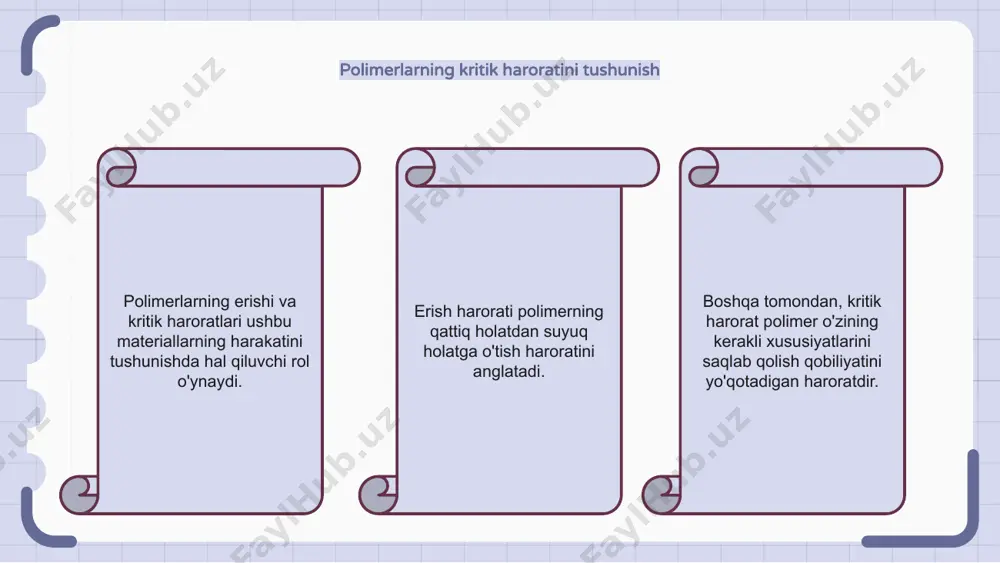 polimerlarning erishi va kritik haroratlarini kompyuter simulyatsiyasi usullari yordamida bashorat qilish mumkin. turli haroratlarda polimer zanjirlarining harakatini taqlid qilish orqali tadqiqotchilar polimerning qattiq holatdan suyuq holatga o'tish haroratini aniqlashlari mumkin. kompyuter simulyatsiyalari polimerning kritik haroratini ham bashorat qilishi mumkin, bu polimer fazaga o'tishni boshdan kechiradigan haroratdir. ushbu ma'lumot polimerlarning turli xil ilovalardagi barqarorligi va ishlashini tushunish uchun muhimdir. polimerlarning erishi va kritik haroratlarini aniq bashorat qilish orqali tadqiqotchilar keng ko'lamli sanoat va ilmiy ilovalar uchun o'ziga xos termal xususiyatlarga ega materiallarni loyihalashlari mumkin. polimer texnologiyasida erish va kritik haroratlarni qo'llash polimerlarning erishi va kritik haroratlari polimer texnologiyasida muhim parametrlardir. bu haroratlar polimerni qayta ishlash va ishlashini aniqlaydi. erish harorati polimerning qattiq holatdan suyuq holatga o'tadigan harorati, kritik harorat esa polimer sezilarli termal degradatsiyaga uchragan haroratdir. ushbu haroratlarni bilish muhandislarga ishlab chiqarish jarayonini optimallashtirish va kerakli xususiyatlarga ega polimerlarni ishlab chiqish imkonini beradi. e'tiboringiz uchun rahmat