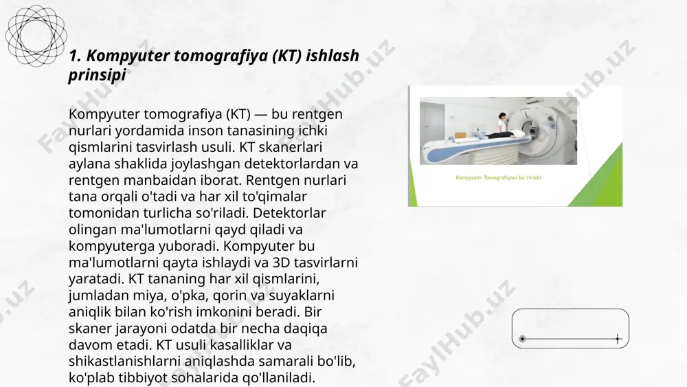niqlashda muhim rol o'ynaydi. jarayon odatda 15-30 daqiqa davom etadi va nurlanish ta'siridan xoli bo'lganligi sababli xavfsiz hisoblanadi. har yili dunyoda millionlab ultrasonografiya tadbirlari o'tkaziladi va sog'liqni saqlash sohasida diagnostikaning ajralmas qismiga aylangan. tibbiy tomografiya apparatlarining ishlash prinsiplari xamroyev jobir e'tiboringiz uchun raxmat! image1.png image2.png image3.png image4.jpg image5.png image6.jpg /docprops/thumbnail.jpeg