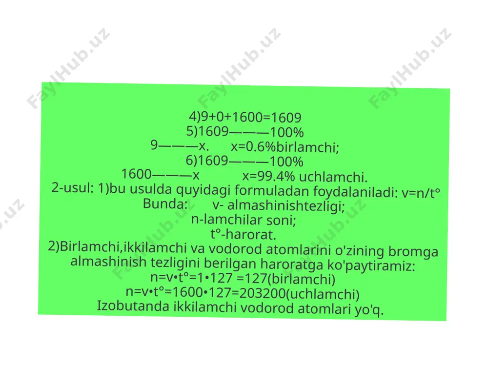 48n=44n+27 62n=44n+27 18n=27 n=1.5 /2. n=3 c3h6 3)endi esa siklopropanni yonish formulasini yozib, co2 ni hajmini topib olamiz: c3h6+4.5o2=3co2+3h2o 67.2l———54g x———27g. x=33.6l 2-usul.1)bizda suvni grammi berilganligini hisobga olgan holda umumiy yonish formulasidan suvni molini topib olamiz: cnh2n+1.5no2=nco2+nh2o 2)18n=27n n=1.5 /2. n=3 c3h6 3)endi esa siklopropanni yonish formulasini yozib olib co2 ni hajmini hisoblab qoyamiz: c3h6+4.5o=3co2+3h2o 67.2l———54g x———27g. x=33.6l co2 javob:33.6l co2. 5-masala.metanning oksidlanish reaksiyasini yozing. yechish.1-usul:metanni to'liq oksidlanishi (yonishi)da co2 va suv hosil bo'ladi: ch4+2o2= co2+ q alkanlarning to'liq oksidlanishiga ,ularning issiqlik elektrostan- siyalarida yonilg'i sifatida ishlatilinishi va ichki yonish dvigatellarda benzin fraksiyalarining qo'llanilishi misol bo'la oladi. 2-usul: alkanlar qisman oksidlanib , co va elementar uglerodni hosil qilishi ham mumkin: 2ch4+3o2=2co+4h2o ch4+o2=c+2h2o 3-usul: sanoatda metanni azot oksidlari katalizatorligida 500-600°cda havo kislorodi bilan chala oksidlab , formaldegid olinadi: ch4+o2=hcoh+ h2o.
