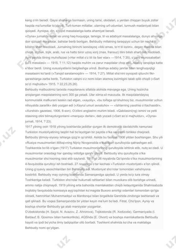 asar bo‘ldi. drama toshkentda 1914 yil 27 fevralda avloniy tomonidan qayta sahnalashtiriladi. behbudiy «samarqand» gazetasini chiqaradi. gazeta o‘zbek va tojik tillarida, haftada 2 marta chop etildi. 45-soni chiqqach, moddiy tanqislik tufayli nashr to‘xtadi. shu yil 20 avgustdan u «oyna» jurnali chiqara boshladi. haftalik, suratli bu jurnal asosan o‘zbekcha bo‘lib, she’r, maqola (forscha), e’lonlar (ruscha) ham berib boriddi. jurnal kavkaz, tatariston, eron, afg‘oniston, hindiston, turkiyagacha tarqaldi. behbudiy kitob nashrini ham yo‘lga qo‘yadi. fitratning «bayonoti sayyohi hindi»sini ruschaga tarjima qildirib bostirdi (1913). behbudiy 1914 yil 29 mayda ikkinchi marta arab mamlakatlariga sayohatga chiqadi. sayohati davomida bayramali, ashxobod, krasnovodsk, kislovodsk, pyatigorsk, jeleznovodsk, rostov, odessa shaharlarida bo‘ladi, 8 iyunda istanbulga keladi. undan adanaga o‘tib, yana istanbulga qaytadi va 20 iyunda ismoilbek gasprinskiy bilan uchrashadi. so‘ng quddus, bayrut, yofa, xalil ar-rahmon, port-said, shom shaharlarida bo‘ladi. sayohat xotiralari «oyna» jurnalida bosilib turadi. bu «xotiralar» har jihatdan muhim bo‘lib, an’anaviy tarix-memuar janrining 20-asr boshidagi o‘ziga xos namunasi …