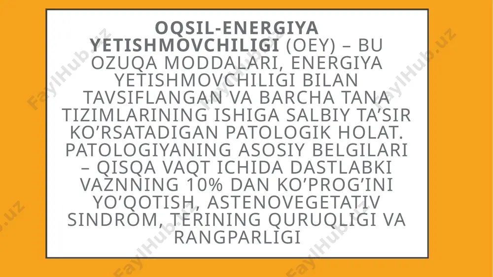 vuq bo’ladi, ba’zida jigarrang pigment dog’lari paydo bo’ladi. keyingi bosqichda shish paydo bo’ladi. sochlar mo’rt va dag’al, diffuz alopetsiya kuzatiladi. protein-energiya yetishmovchiligida holsizlik va apatiya kuchayadi. ba’zida, buzilish tufayli, odam hatto yotoqdan chiqolmaydi. sovuqqa sezgirlik oshadi, mikrosirkulyatsiyaning buzilishi tufayli oyoq-qo’llar issiq xonada ham sovuq bo’lib qoladi. ratsionning ozuqaviy yetishmasligi tufayli ayollarda hayz ko’rish to’xtaydi, erkaklarda impotensiya rivojlanadi. hazm qilish keskin buzilishi kuzatiladi. ishtaha asta-sekin pasayadi, ko’ngil aynishi va qayt qilish mumkin. o’zgaruvchan diareya va ich qotishi turi bo’yicha najasning buzilishi kuzatiladi. najasda ko’p miqdorda hazm bo’lmagan oziq-ovqat zarralari, neytral yog’lar aniqlanadi. bolalikda boshlangan ovqatlanish yetishmovchiligi patologiyasida bu ko’rinishlarning neyropsixik rivojlanishning buzilishi bilan kombinatsiyasi xarakterlidir. asoratlari oziqlanish yetishmovchiligi bo’lgan barcha bemorlarda og’ir gipovitaminoz kuzatiladi. peyda retinol va b vitaminlari yetishmovchiligi ko’proq uchraydi.vitaminlarning yetishmasligidan kelib chiqadigan holatlar paydo bo’ladi – foliy kislotasi yetishmovchiligi yoki b12 yetishmovchiligi anemiyasi, periferik polinevrit, umumiy ko’rishning buzilishi. kaltsiy yetishmovchiligi fonida patologik suyak sinishi va mushaklarning qaltirashi paydo …