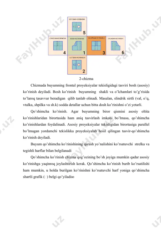 esa 10mm.dan kam bo’lmasligi kerak . 2-chizma chizmalarda ko’rinishkar sonini kamaytirish uchun quyidagi shartli belgilar ishlatiladi. - qiyalik; - konuslik. 1:10 3-chizma ba’zida faqat detalni bitta tasviri yetarlidir, ammo u qo‘shimcha informatsiya bilan to‘ldirilishi kerak: l 200 s1,5 a b 4-chizma a – detal uzunligi o‘lchami b – detal qalinligi o‘lchami. chiqarish chiziqlarini o’lcham chiziqlariga perpendikulyar qilmay o’tkazish ko’rsatilgan holatlarda ruxsat beriladi. 5-chizma o’lcham chizig’ida ketma-ket joylashgan strelkalarni qo;yish uchun joy yetarli bo’lmasa, strelkalar nuqta yoki 450ostida o’tkaziladigan shtrix chiziqchalari bilan almashtirilishi mumkin.6-chizma. 6-chizma smmetrik predmetning ko’rinishi yoki qirqimi uzib ko’rsatilsa yoki faqat simmetriya o’qigacha chizilsa, o’lcham chiziqlarinisimmetriya o’qidan yoki uzish chizig’idan biroz o’tkazib uzib qo’yiladi.7-chizma 7-chizma rasmda ko‘rsatilgandek detalga qirqim berish quyidagi bosqichlarda bajariladi. 8-rasm detalning yaqqol tasviri berilgan o‘lchamlari bo‘yicha 4.1-bo‘limda ko‘rsatilgan usullar bilan chizib olinadi. chorak qirqim berish uchun detalning aksonometrik ko‘rinishi sz izometriya tugmasi bilan tanlab olinadi (9-rasm, a). - yashik tugmasi bosiladi va sichqoncha bilan …